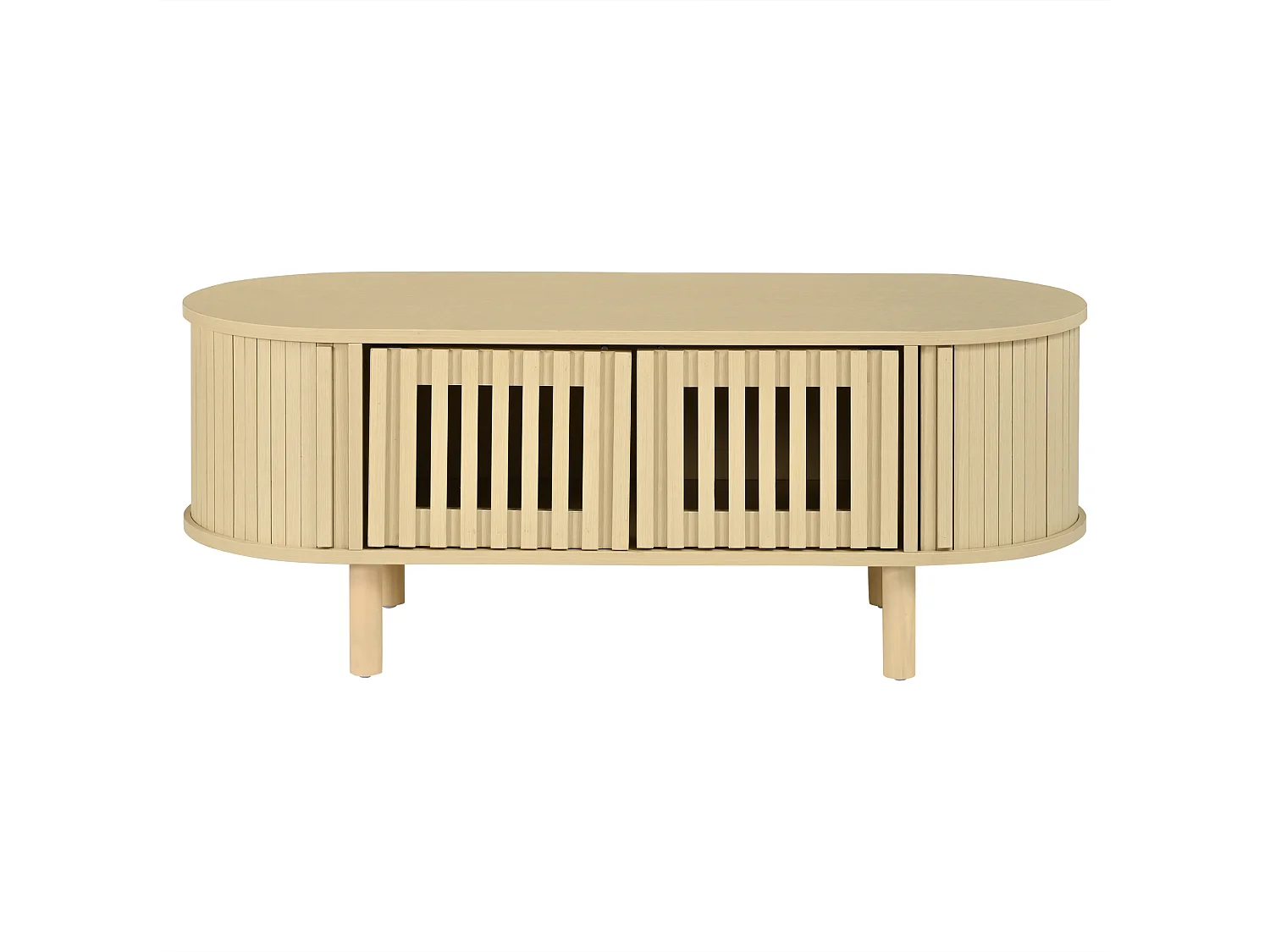 Oval coffee table 100x40x38 cm - 2 cane doors and 1 roller door - Solid wood legs - MDF - Natural