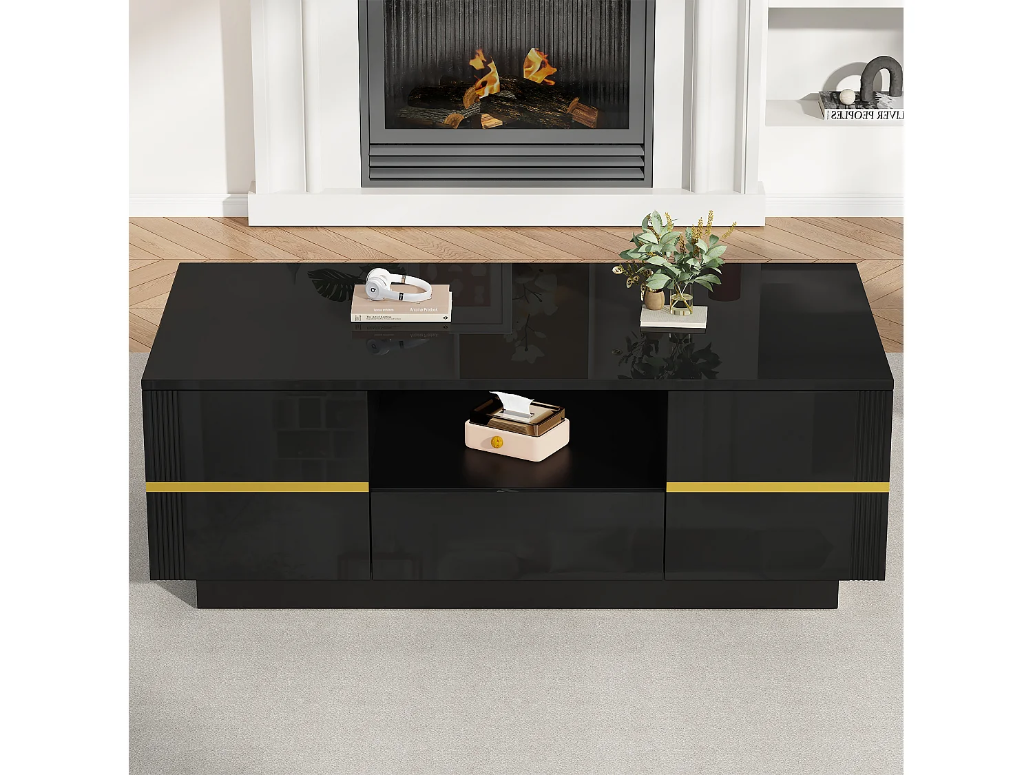 Modern coffee table 100x50x35.5 cm - With LED lighting - 2 doors and 1 drawer - Glossy finish - MDF - Black