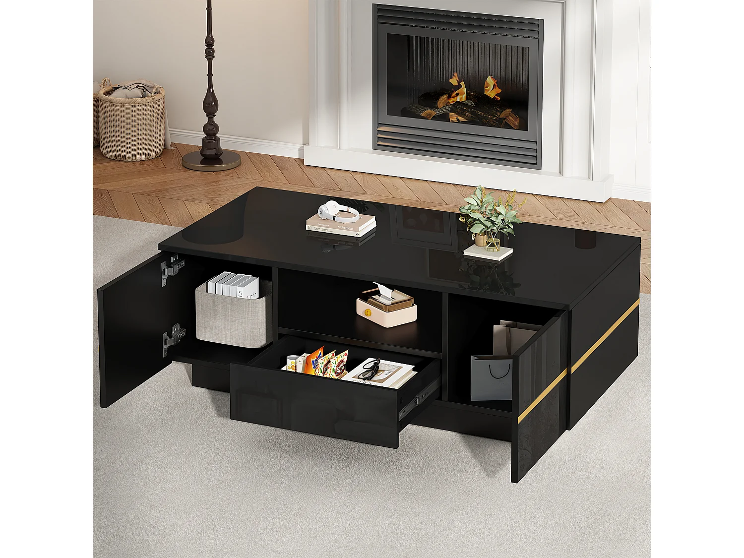 Modern coffee table 100x50x35.5 cm - With LED lighting - 2 doors and 1 drawer - Glossy finish - MDF - Black