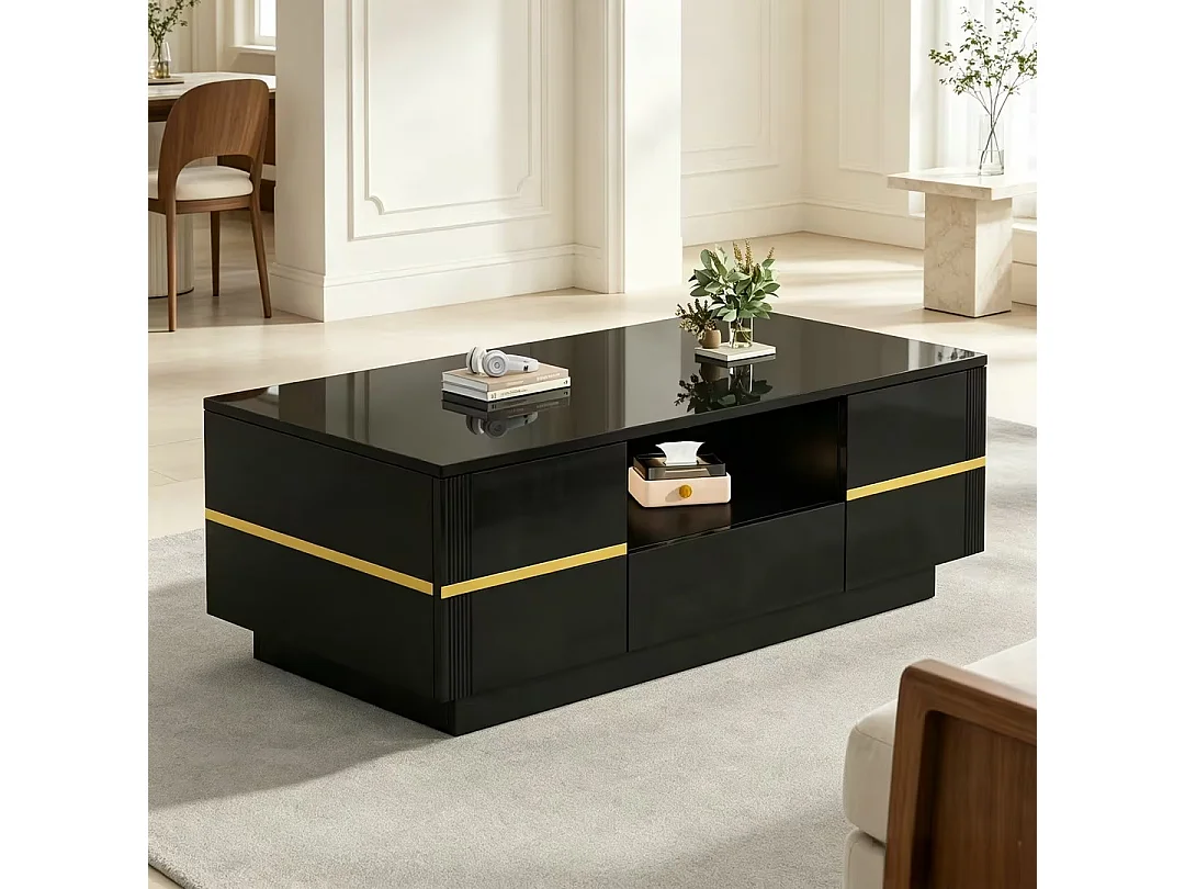 Modern coffee table 100x50x35.5 cm - With LED lighting - 2 doors and 1 drawer - Glossy finish - MDF - Black