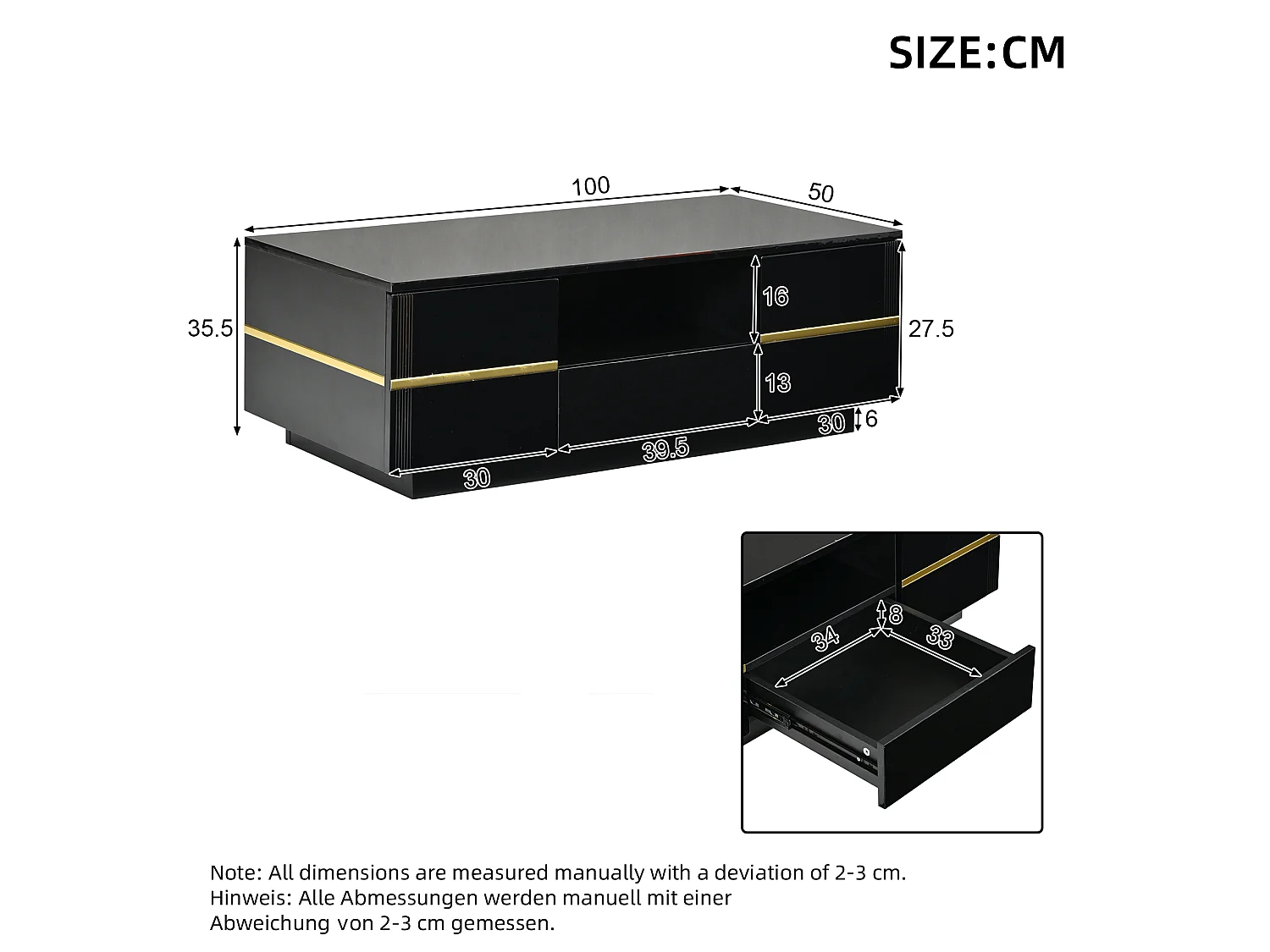Modern coffee table 100x50x35.5 cm - With LED lighting - 2 doors and 1 drawer - Glossy finish - MDF - Black