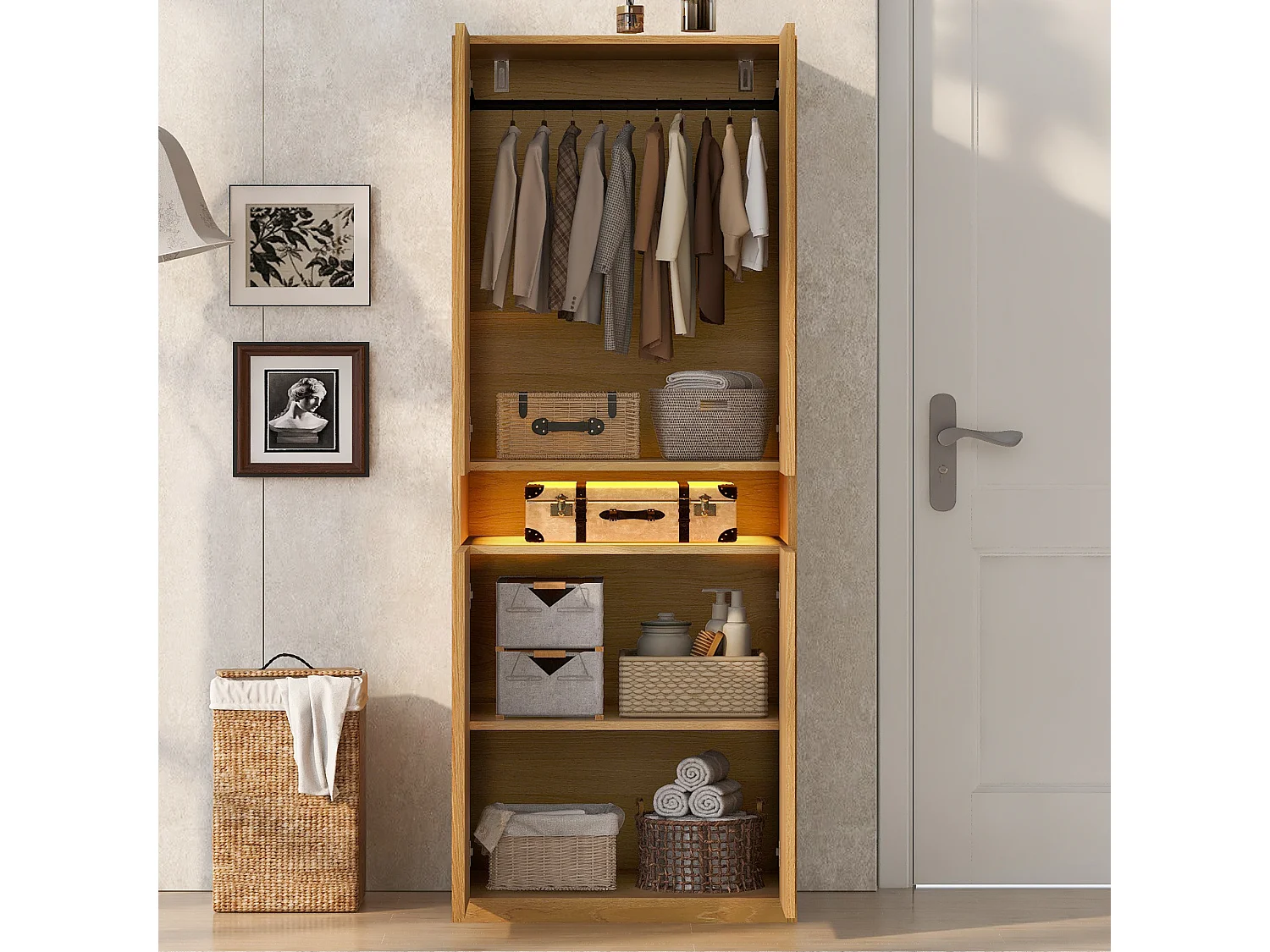 Wardrobe 70 × 55 × 180 cm - with illuminated compartment - with LED lighting - natural