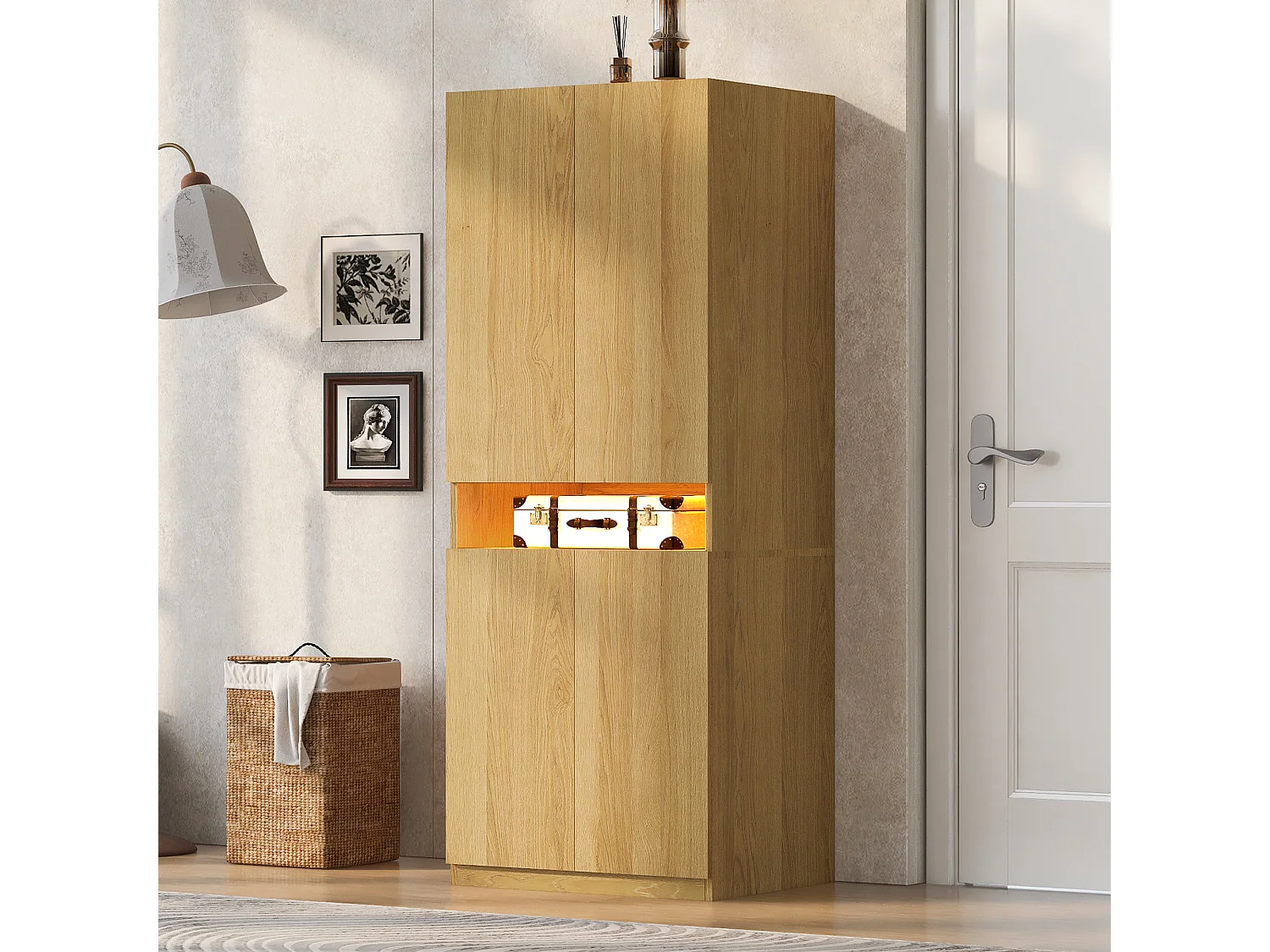 Wardrobe 70 × 55 × 180 cm - with illuminated compartment - with LED lighting - natural