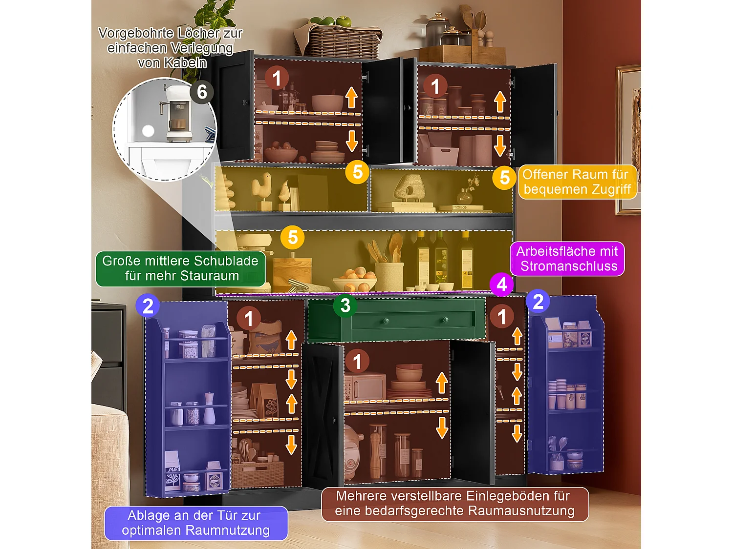 Buffet da cucina 140x40x185cm - con 8 ante e 1 cassetto - con ripiani regolabili - con presa di corrente - Nero