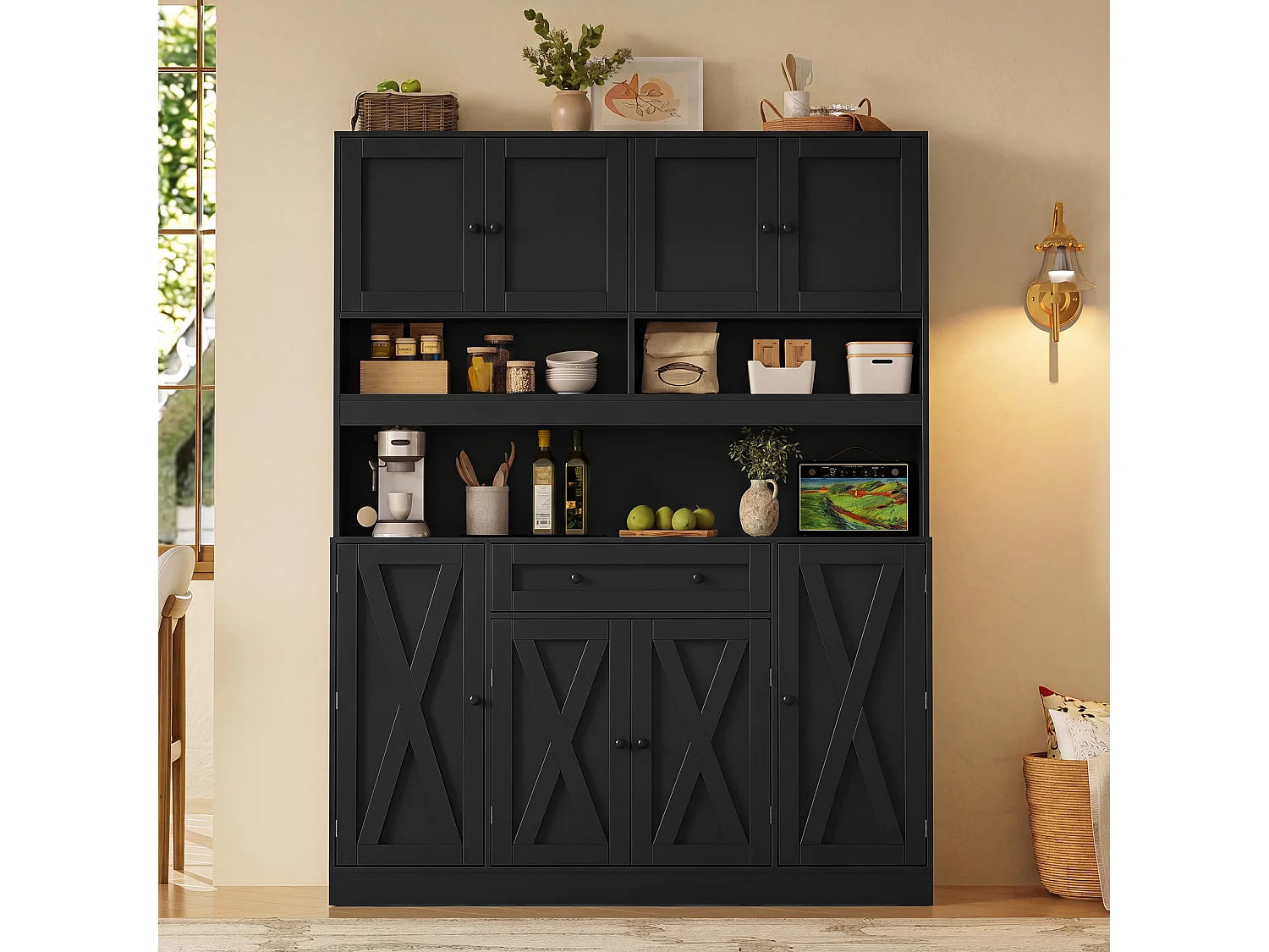 Buffet da cucina 140x40x185cm - con 8 ante e 1 cassetto - con ripiani regolabili - con presa di corrente - Nero