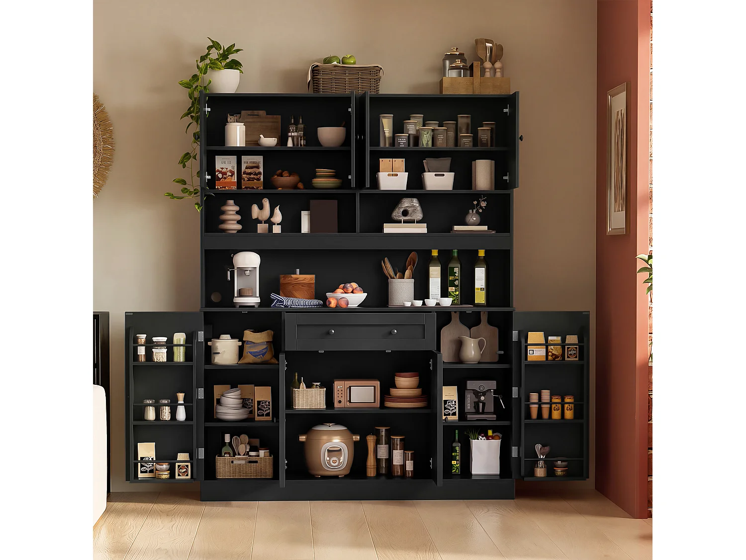 Buffet da cucina 140x40x185cm - con 8 ante e 1 cassetto - con ripiani regolabili - con presa di corrente - Nero