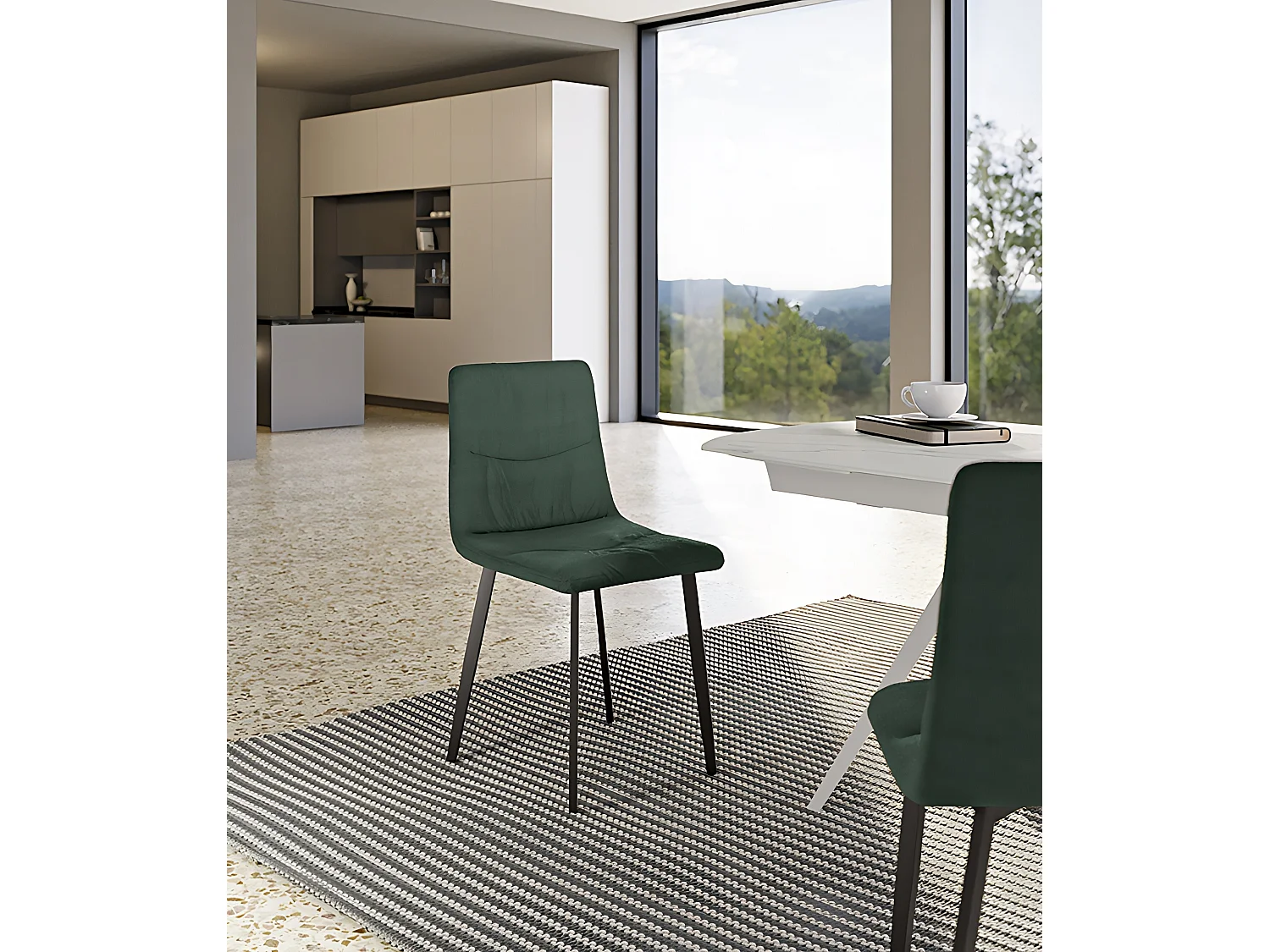 Cadeira Ariel em tecido verde Easy-Clean com estrutura de metal preto - Cadeira de jantar com design contemporâneo e elegante.