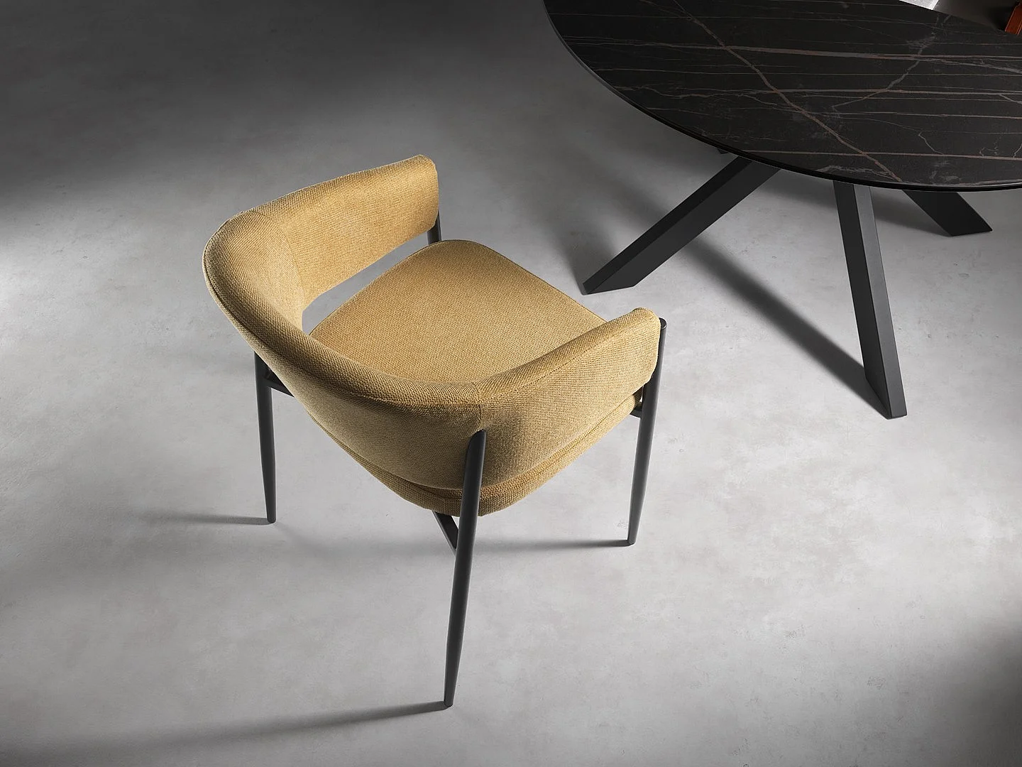 Table ronde fixe Henry 130 cm, plateau en placage chêne traité thermiquement et pieds en métal noir, style raffiné - Henry