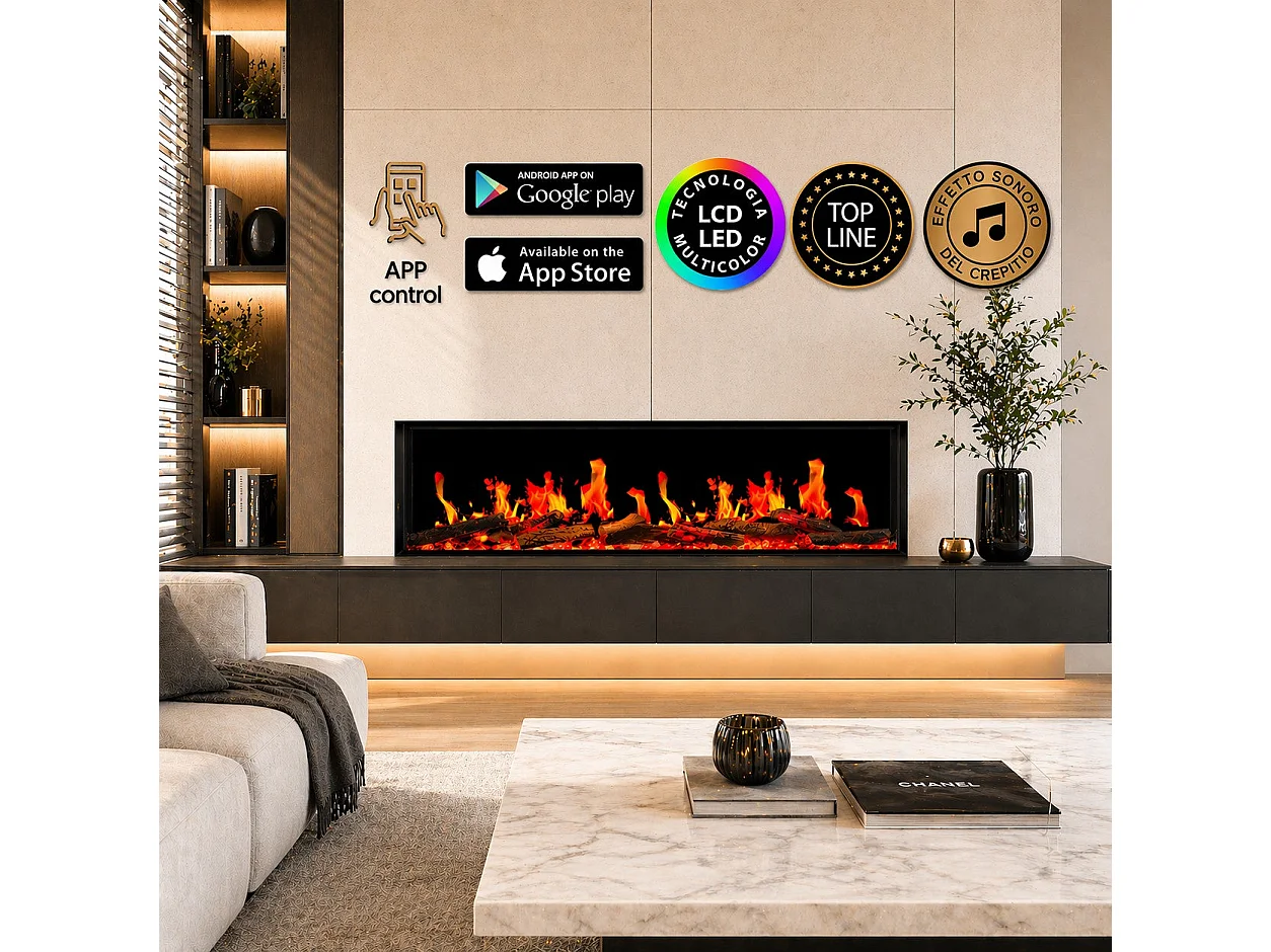 Lareira elétrica de parede FILADELFIA130, 130 W, LCD LED, controle por aplicativo.