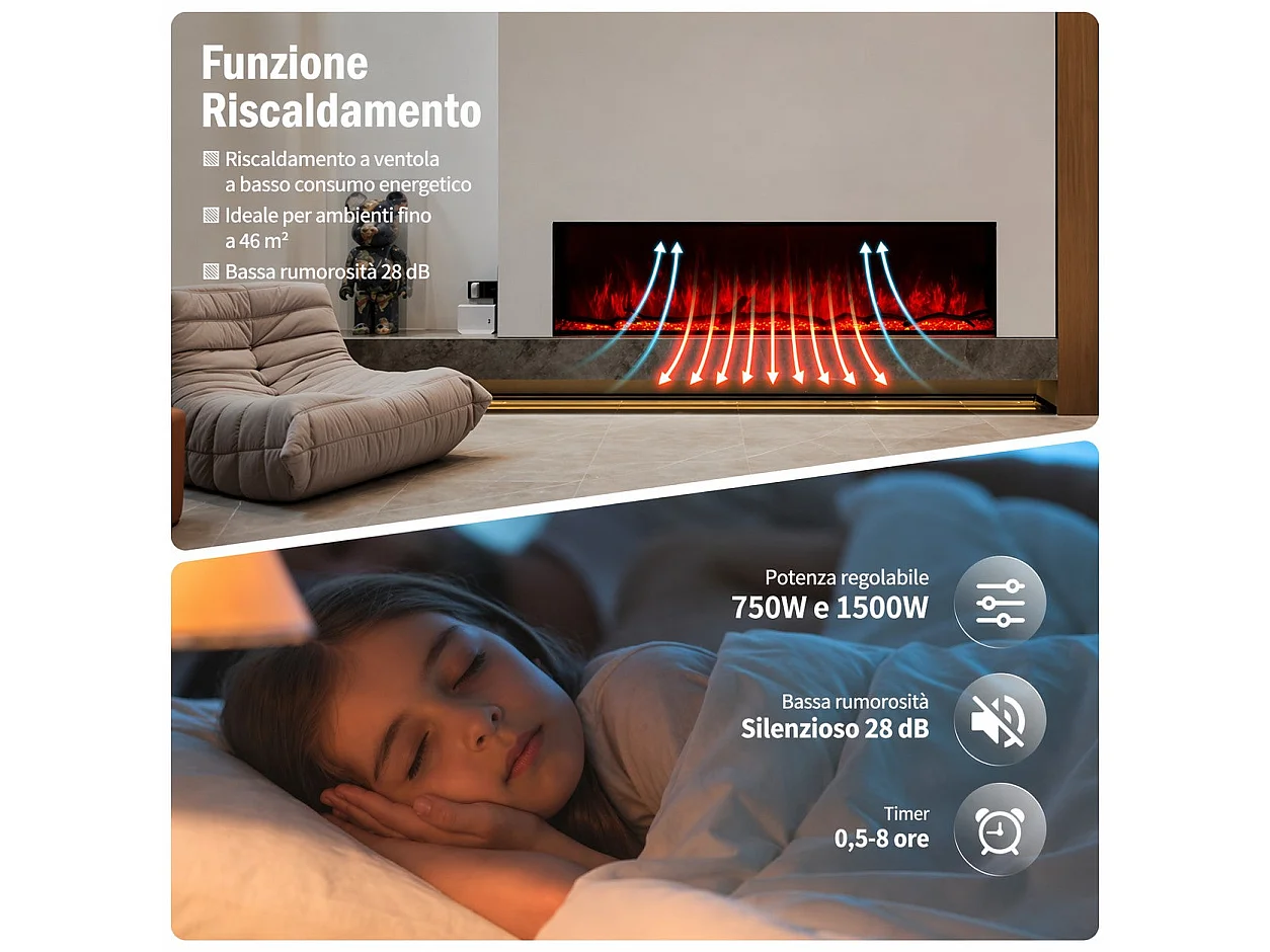 Lareira elétrica de parede FILADELFIA130, 130 W, LCD LED, controle por aplicativo.