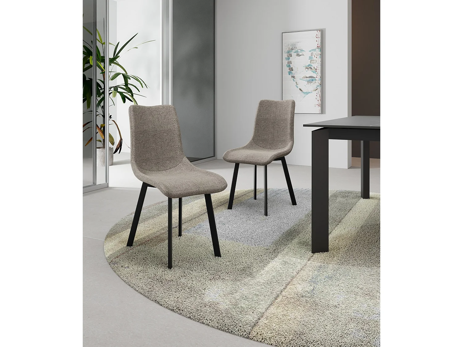Cadeira Iris com assento em tecido bege de fácil limpeza e estrutura em metal pintado de preto - Design moderno e elegante 45x56cm