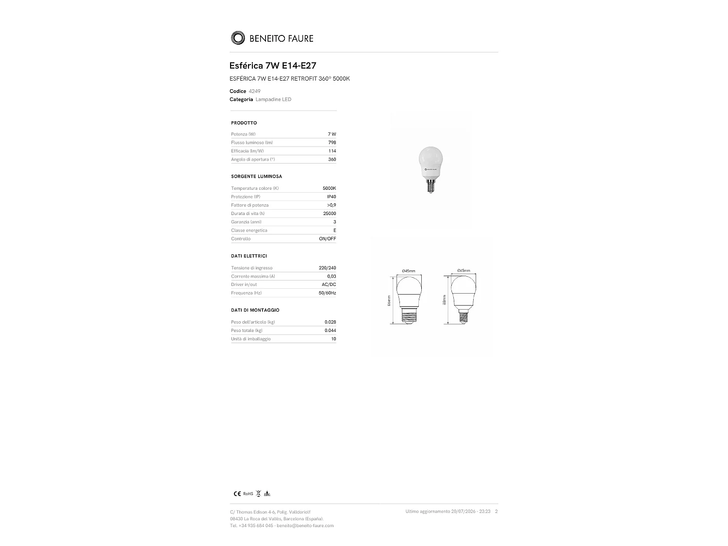 7W bolvormige LED-lamp met E14 fitting, 360 graden lichtopbrengst, 5000K koud licht, 820lm, dimbaar, TRIAC, IP20 - Beneito & Faure