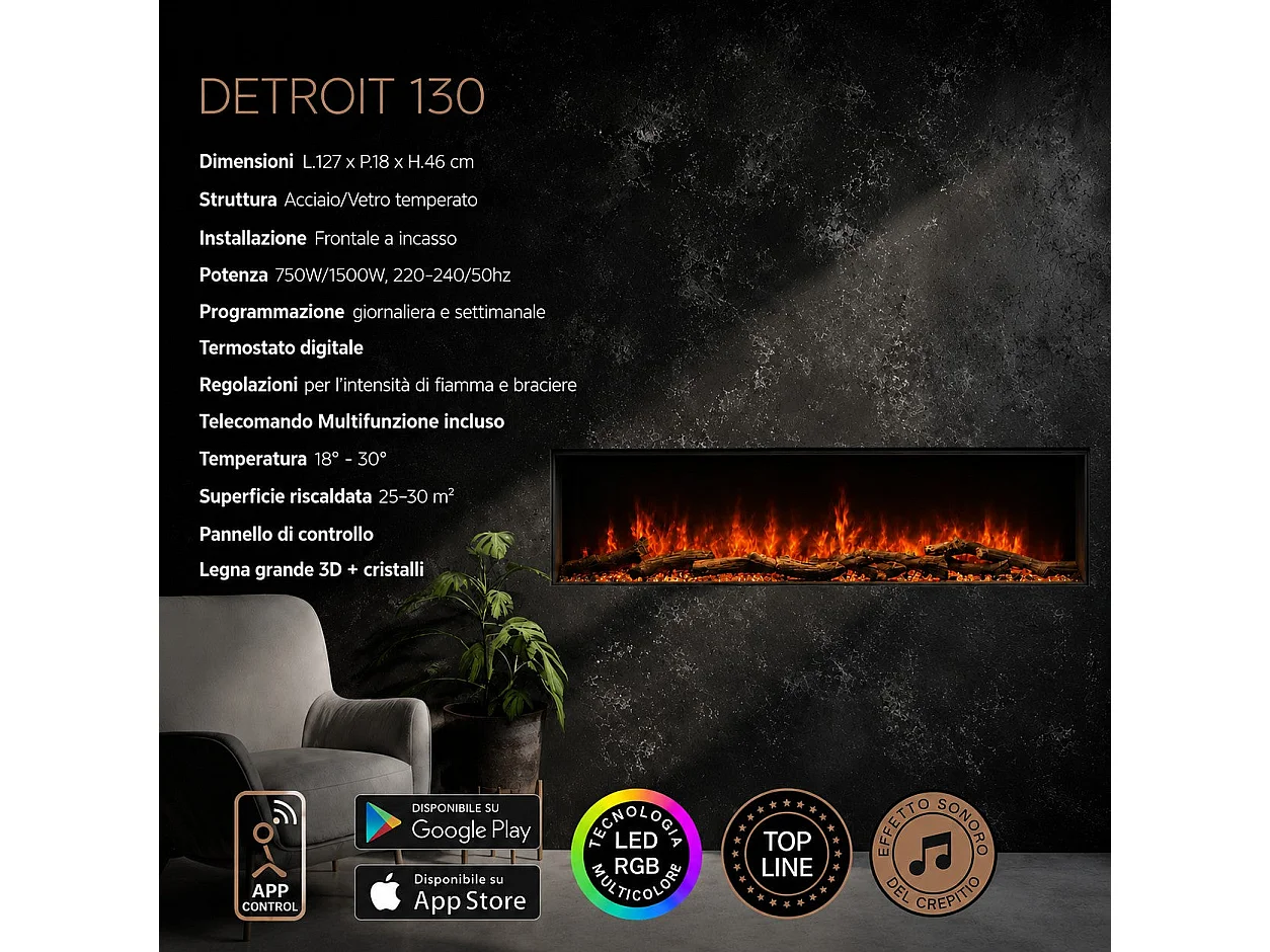 DETROIT130 LED RGB APP Kominek elektryczny do zabudowy na ścianę przednią