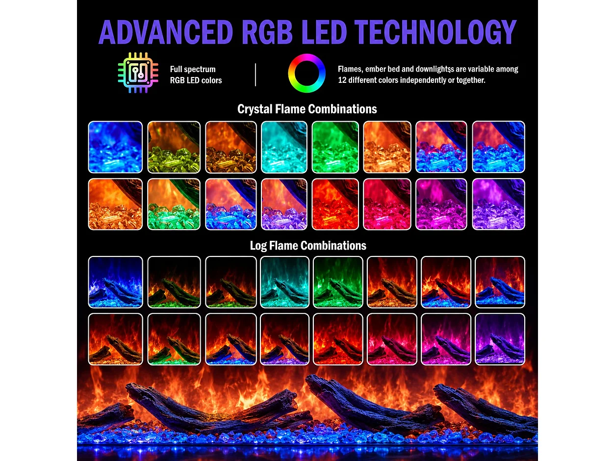DETROIT130 LED RGB APP Kominek elektryczny do zabudowy na ścianę przednią