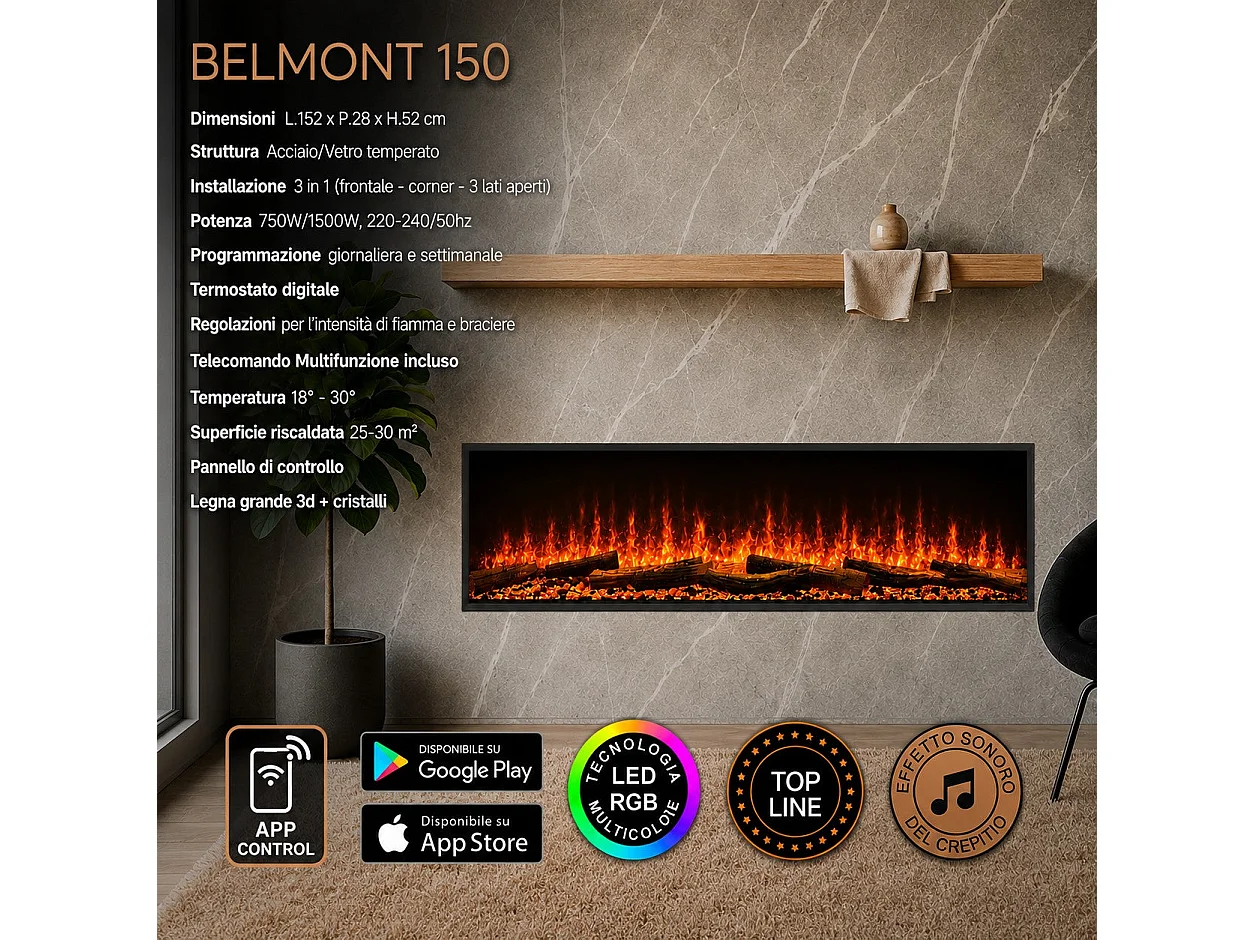 BELMONT150 Kominek elektryczny ścienny 3-stronny, L 150, dioda LED RGB, sterowanie aplikacją