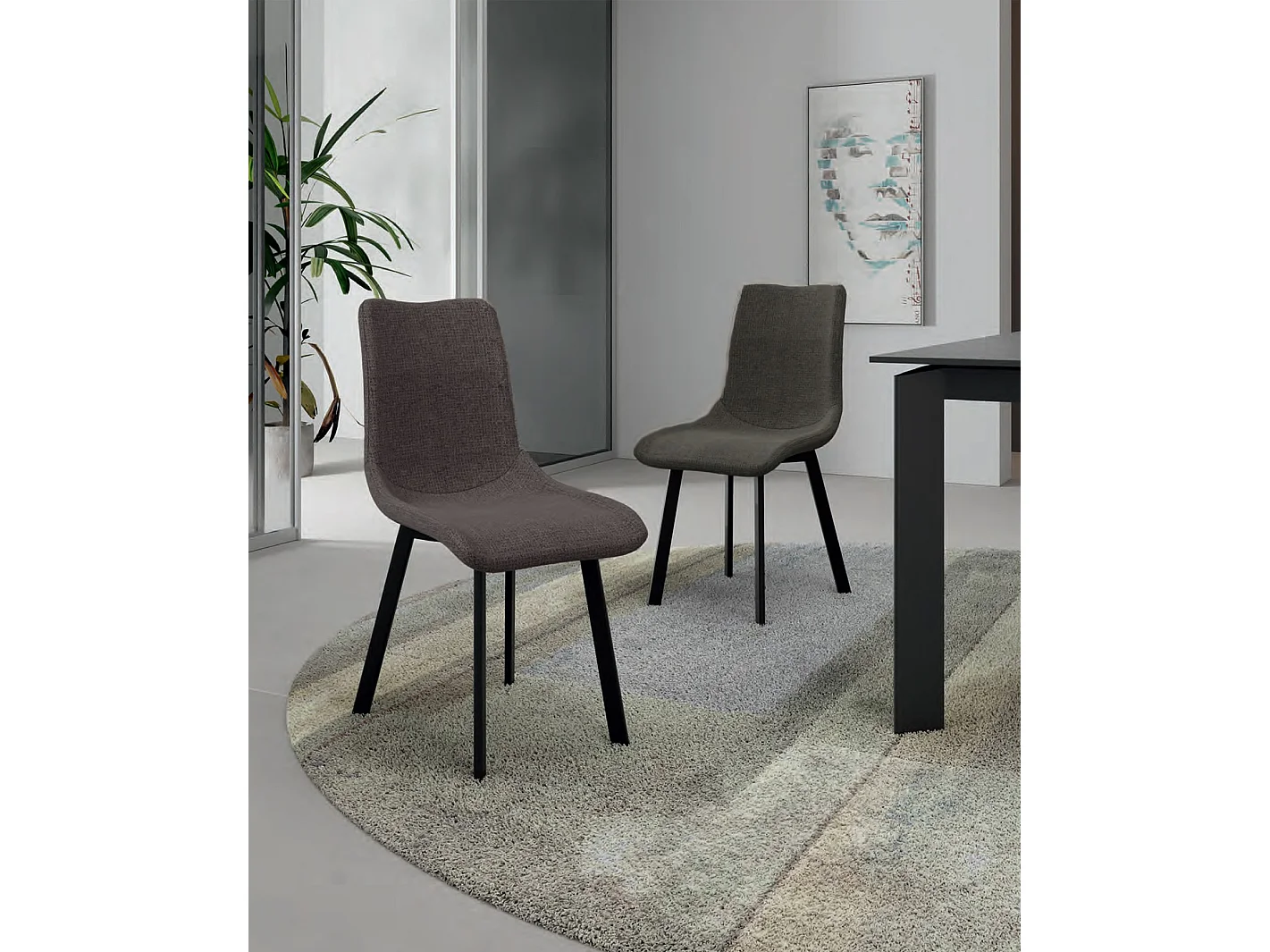 Cadeira Iris com assento em tecido cinza escuro de fácil limpeza e estrutura de metal pintada de preto - Design moderno 45x56cm
