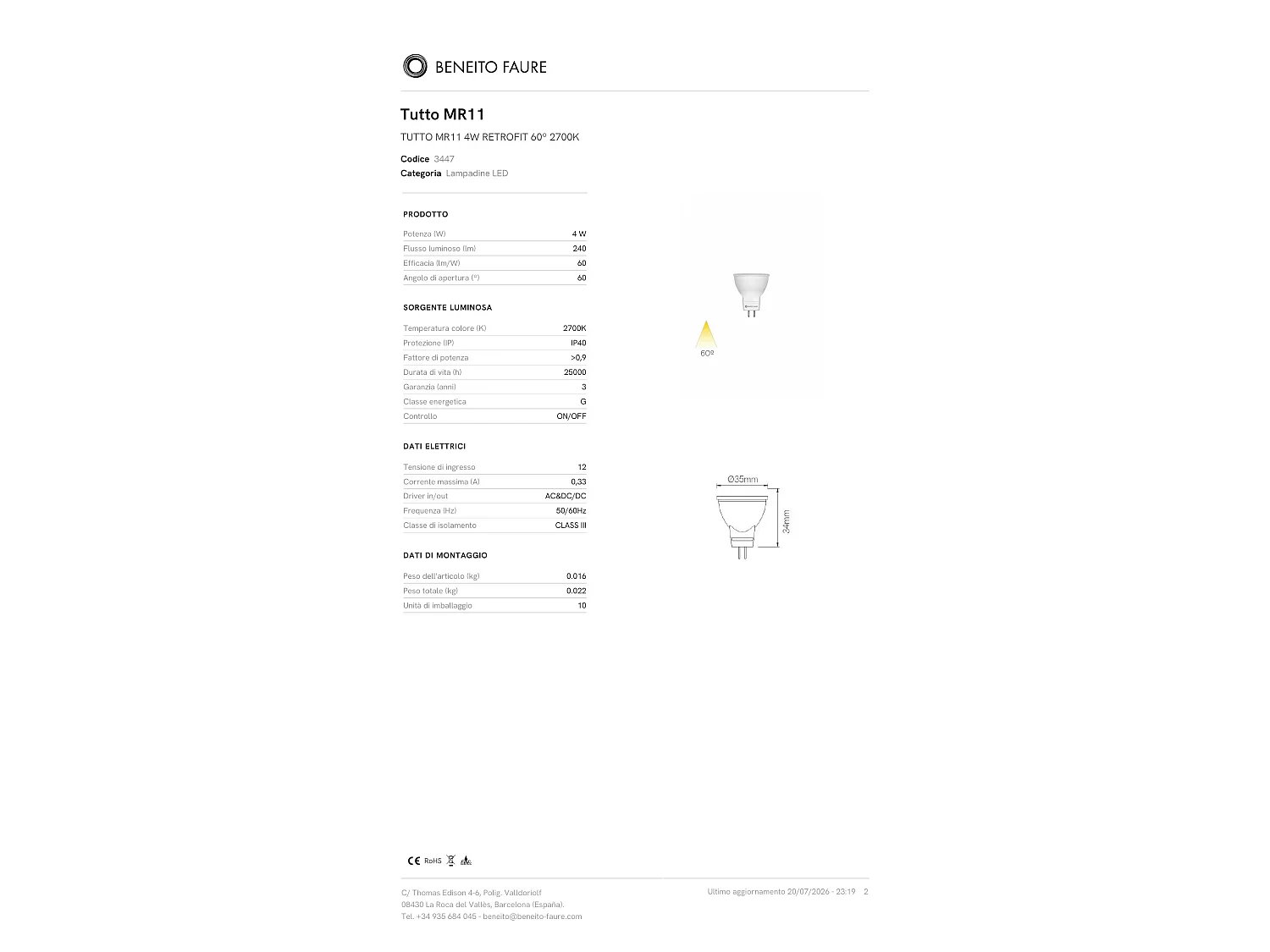 MR11 4W 2700K 240lm 60º 12V Witte Dichroïsche LED-lamp - Beneito & Faure, Hoogrendementsverlichtingsoplossing