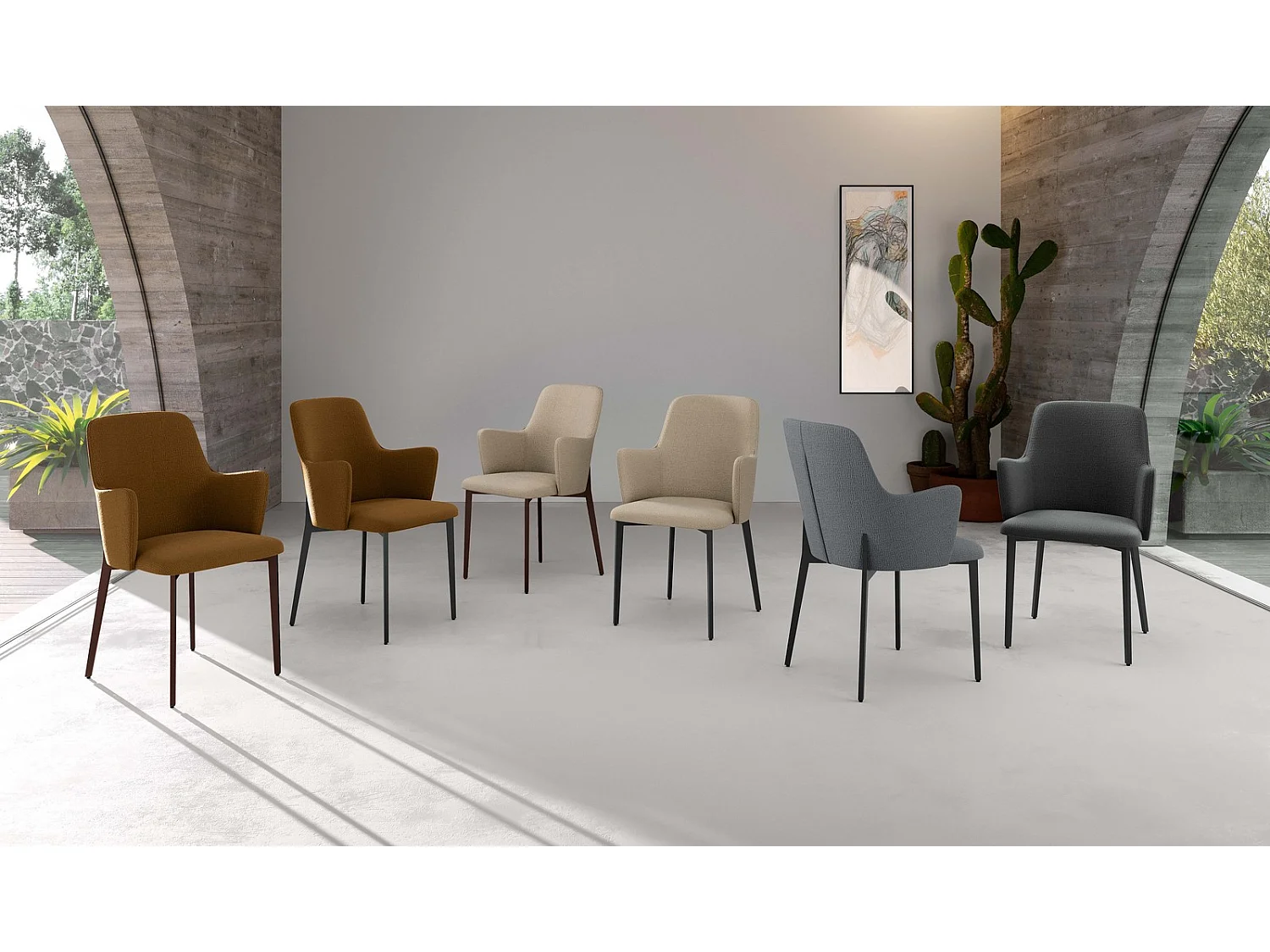 Poltrona Sophia em tecido marrom de fácil limpeza com estrutura de metal pintado em bronze - Design moderno e elegante para interiores.