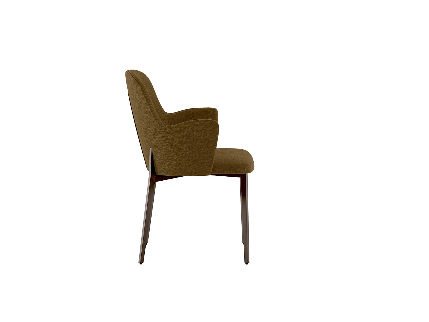 Poltrona Sophia em tecido marrom de fácil limpeza com estrutura de metal pintado em bronze - Design moderno e elegante para interiores.