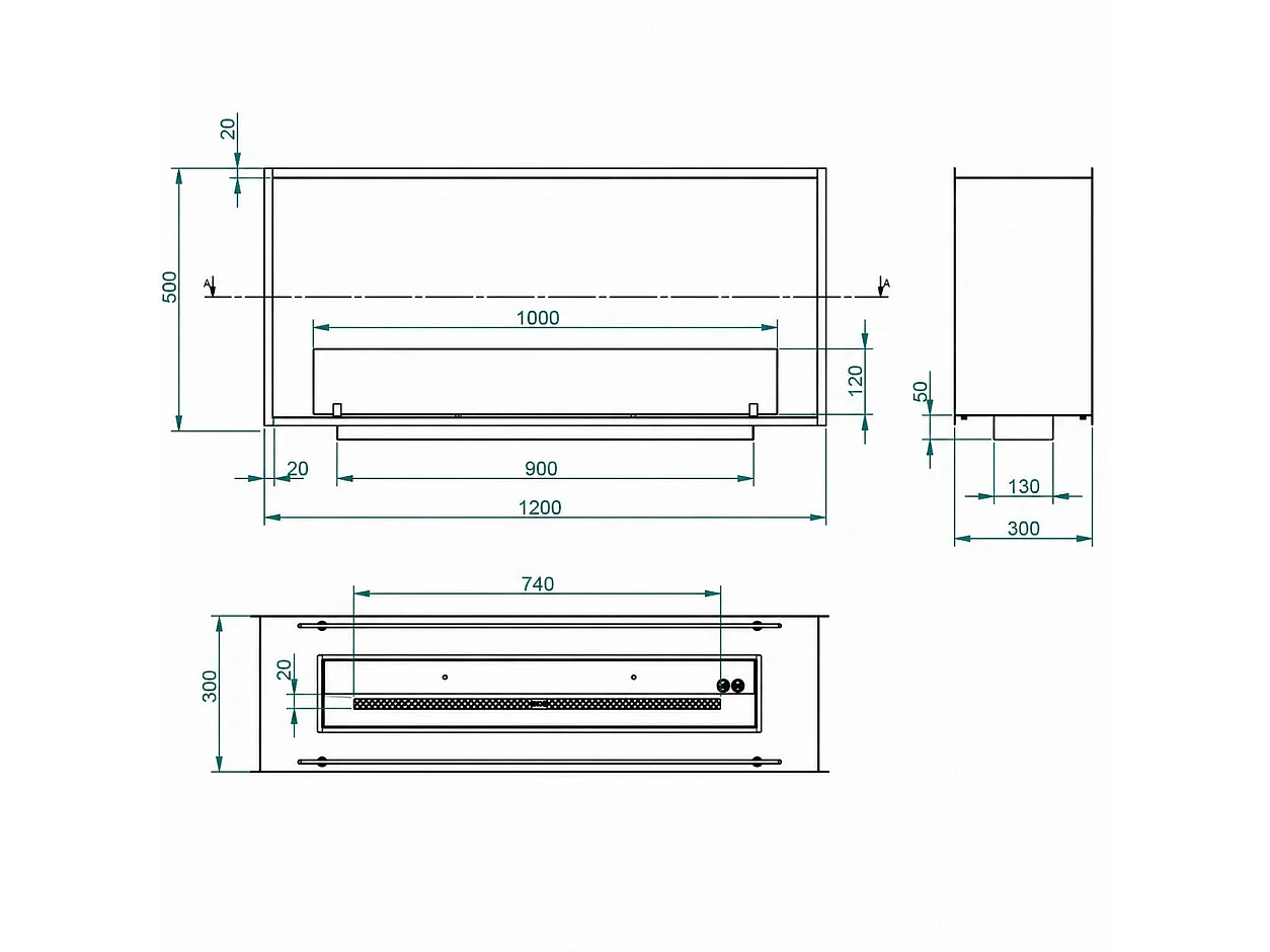 VENERE120 TOPLINE dobbeltsidet indbygget bioethanolpejs, 120 x 50 cm