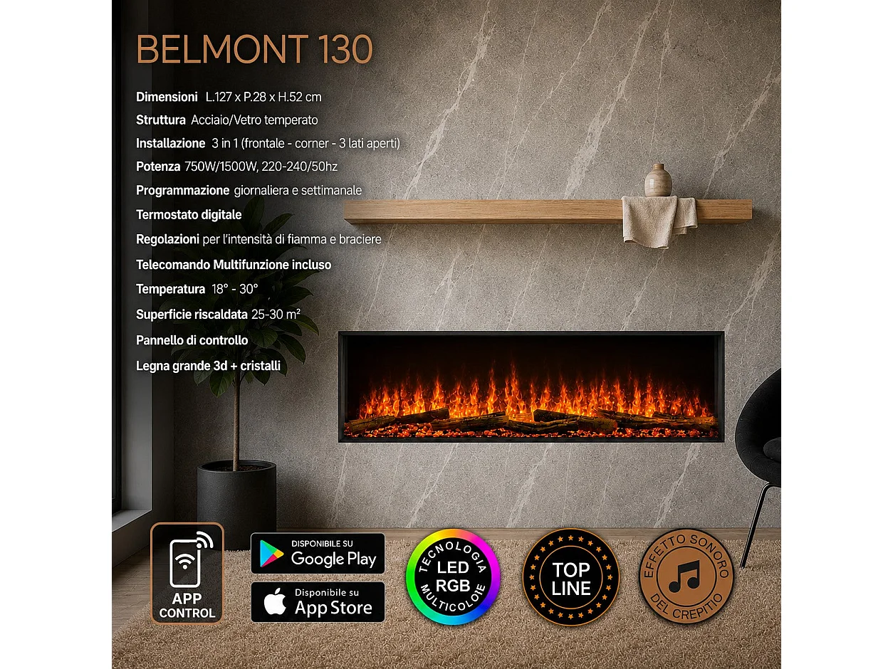 BELMONT130 Kominek elektryczny ścienny 3-stronny, L 130, dioda LED RGB, sterowanie aplikacją