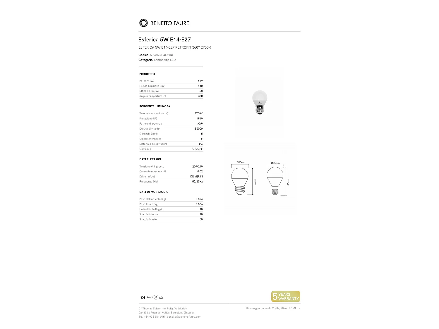 Beneito & Faure 5W E27 bolvormige LED-lamp, 2700K warm licht, 440 lumen, 360 graden stralingshoek, energie-efficiëntieklasse - Beneito & Faure