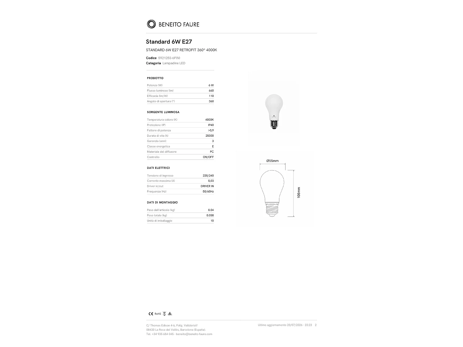 Standaard LED-lamp 6W E27, retrofit, 360 graden, 4000K, 660lm, dimbaar, TRIAC, IP40, neutraal licht voor binnen - Beneito & Faure