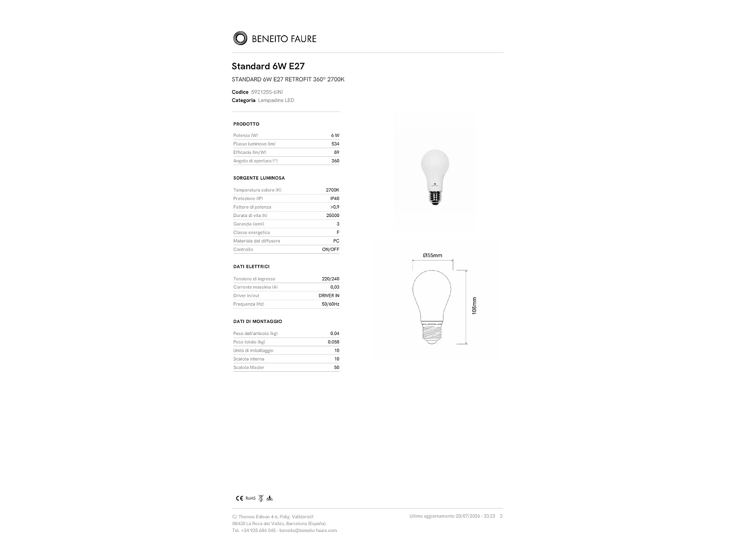 Standaard LED-lamp 6W E27, geschikt voor retrofit, 360 graden, 2700K, 534lm, dimbaar, TRIAC, IP40, warm licht, voor binnengebruik - Beneito & Faure