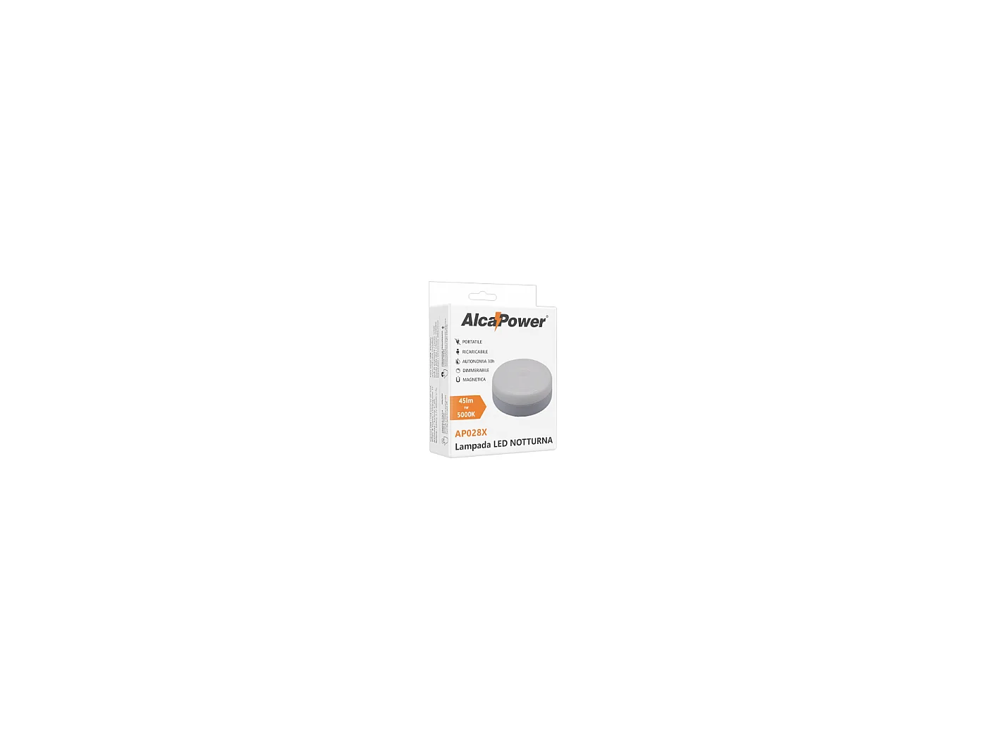 Alcapower draagbare LED-nachtlamp, dimbaar 5000K, 6 SMD LED 1W, 400mAh Li-Po batterij, autonomie tot 30 uur, witte ABS-behuizing.