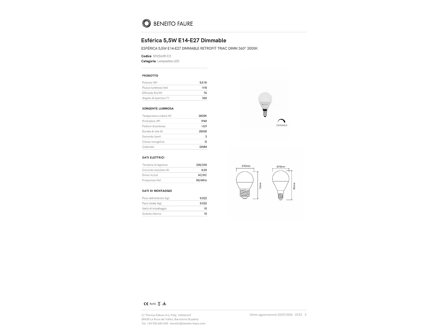 5,5W E14 dimbare retrofit LED-lamp met bolvormig ontwerp, 360 graden stralingshoek en 3000K warmwitte kleurtemperatuur - Beneito & Faure
