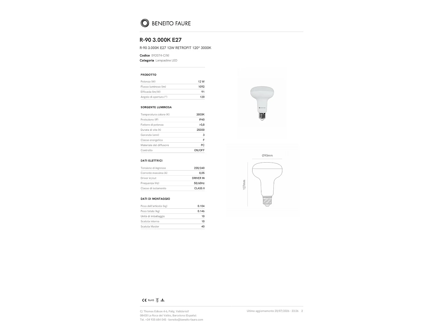Beneito & Faure R90 LED-lamp 12W E27 3000K warm licht 1100 lumen 120 graden stralingshoek Energiezuinige retrofit - Beneito & Faure