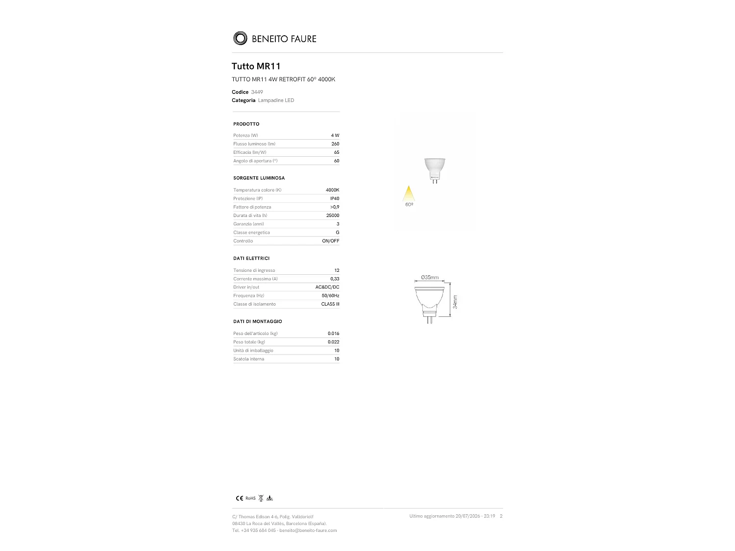 MR11 4W 4000K 260lm 60º 12V Witte Dichroïsche LED-lamp - Beneito & Faure, Hoogrendementsverlichtingsoplossing