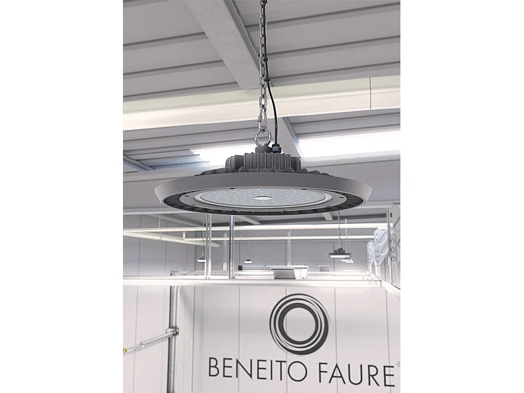 Beneito & Faure 300W UFO LED industriële schijnwerper, 4000K, 110º stralingshoek, dimbaar met DIP-schakelaar, IK10, IP65, matgrijs - Beneito & Faure