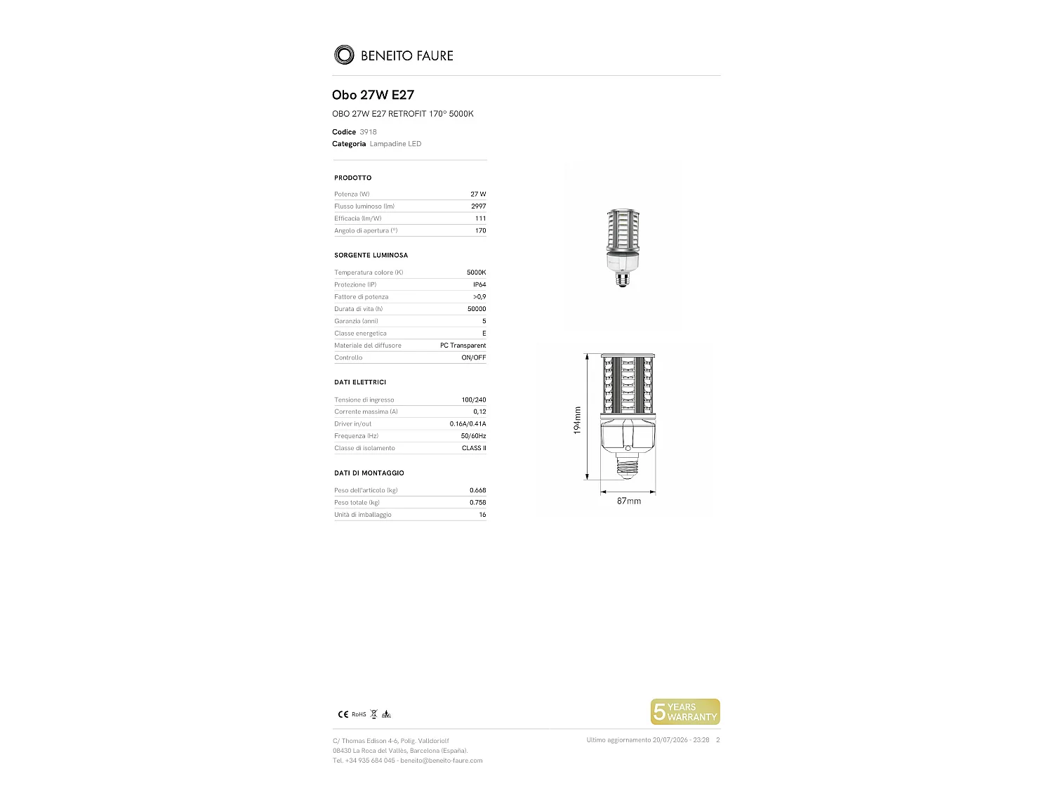 Bieden mag: Beneito & Faure LED-schijnwerper 27W E27 5000K 1900lm IP64 170° stralingshoek - Industriële retrofit voor professionele buitenverlichting