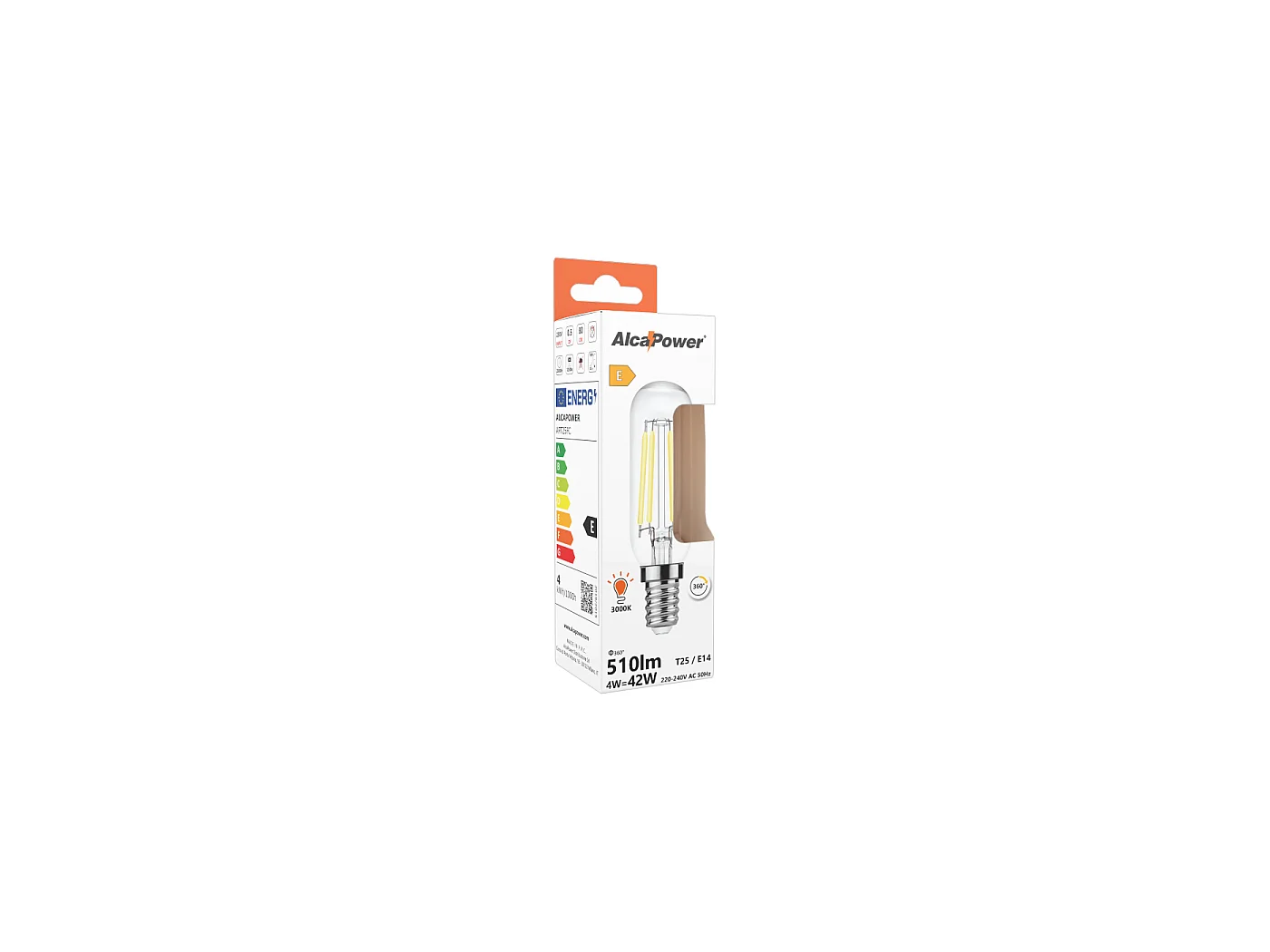 Alcapower T25 LED-lamp Heldere Gloeidraad 4W E14 510lm 3000K Warm Licht 230V, Ideaal voor Koelkasten en Afzuigkappen, Energieklasse E