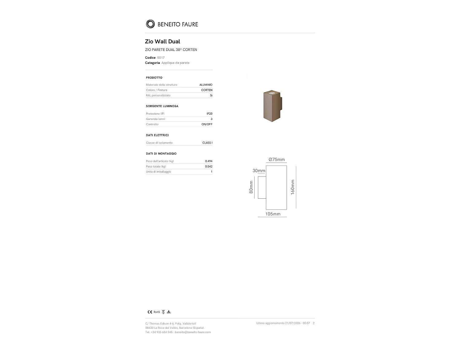 Luminária de parede retangular dupla Zio Wall com dupla emissão de luz, soquete GU10 para lâmpadas de 50 mm, cor Corten - Beneito & Faure