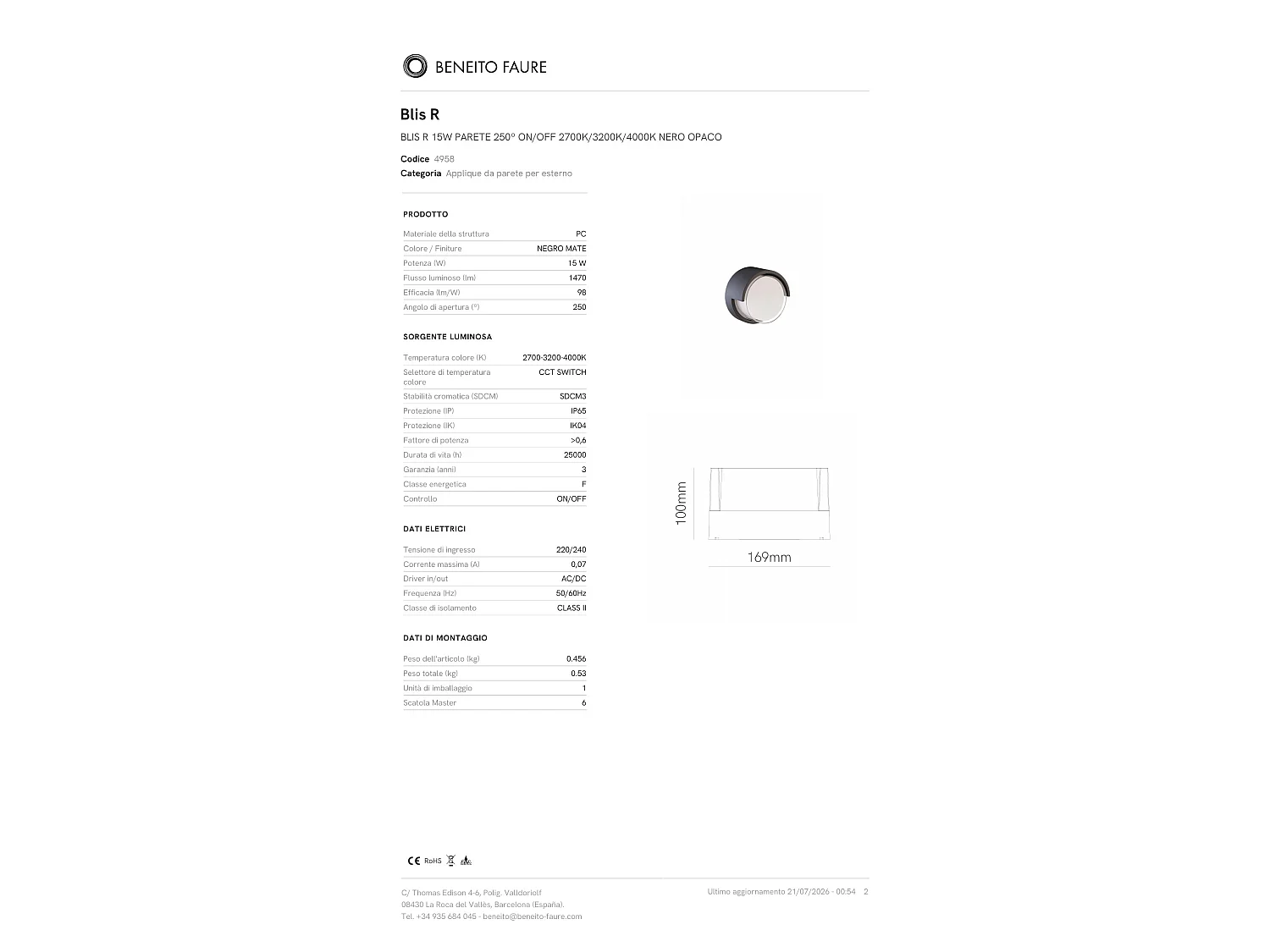 Aplique de parede exterior LED redondo Blis 15W CCT, cor ajustável 2700K/3200K/4000K, preto mate, feixe 250º - Beneito & Faure Iluminação