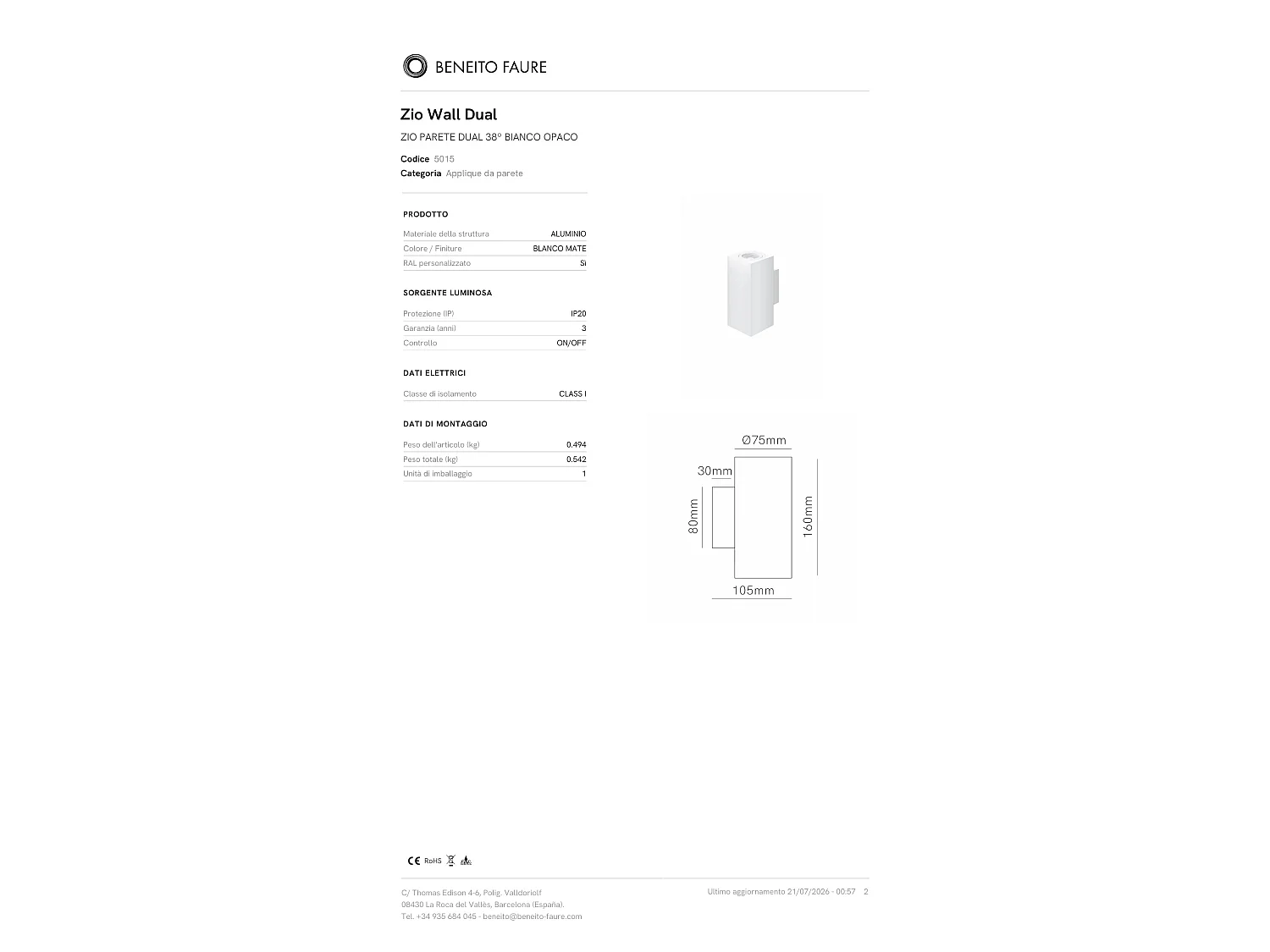 Luminária de parede retangular dupla Zio Wall com dupla emissão de luz, soquete GU10 para lâmpadas de 50 mm, branco fosco - Beneito & Faure