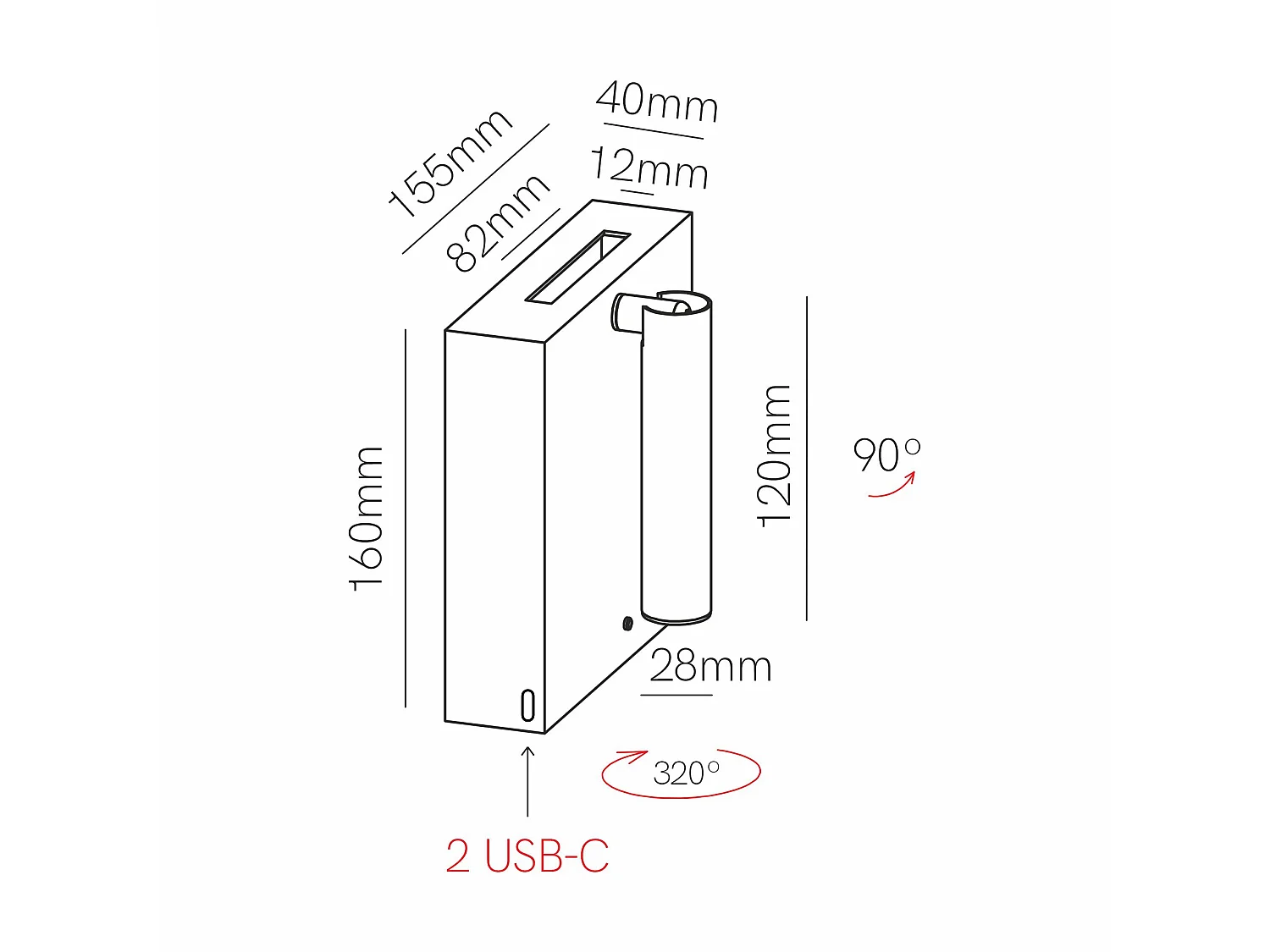Luminária de parede LED Sweet Wall 4W 2700K Ajustável em 20° com Carregador Sem Fio USB-A/C Integrado, Preto Fosco - Beneito & Faure