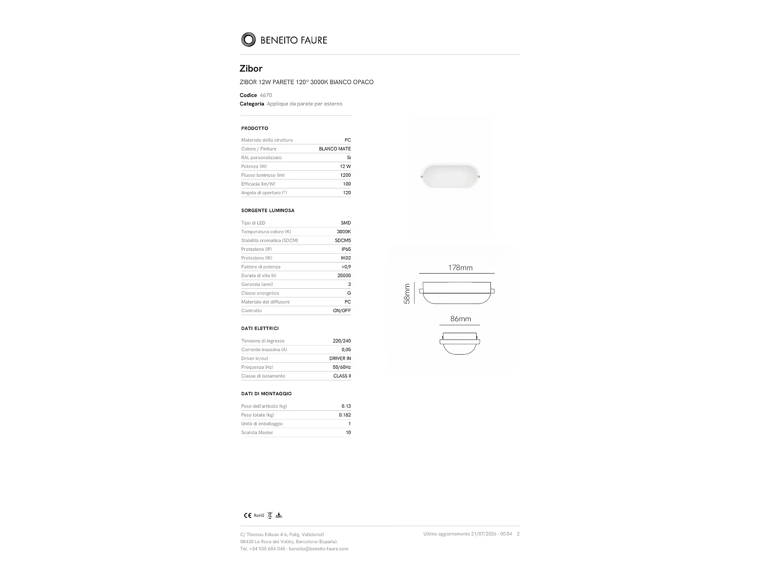 Applique Murale Beneito & Faure Zibor 12, Spot Led 12 W, Lumière Chaude 3000 K, Design Moderne Finition Blanc Mat - Haute Efficacité
