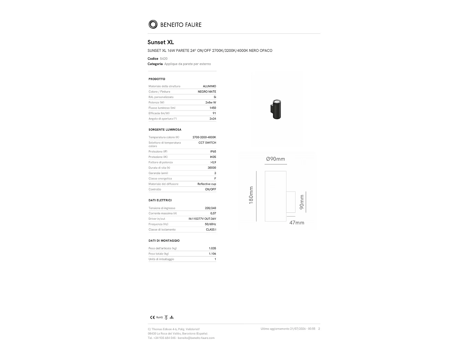 Aplique de parede LED Sunset XL 16W, interior e exterior, IP65, luz indireta, cor selecionável 2700K/3200K/4000K, preto - Beneito & Faure