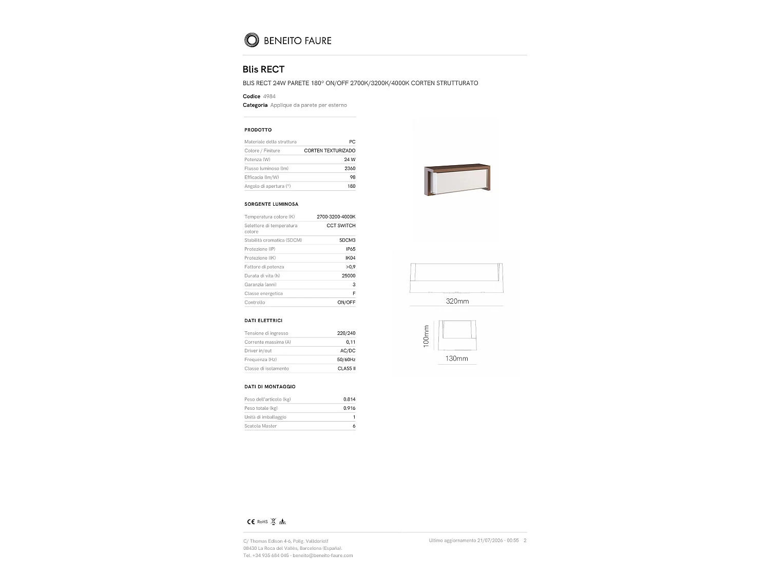 Aplique de parede exterior retangular LED Blis 24W com interruptor CCT 2700K/3200K/4000K em aço Corten - Design de iluminação - Beneito & Faure