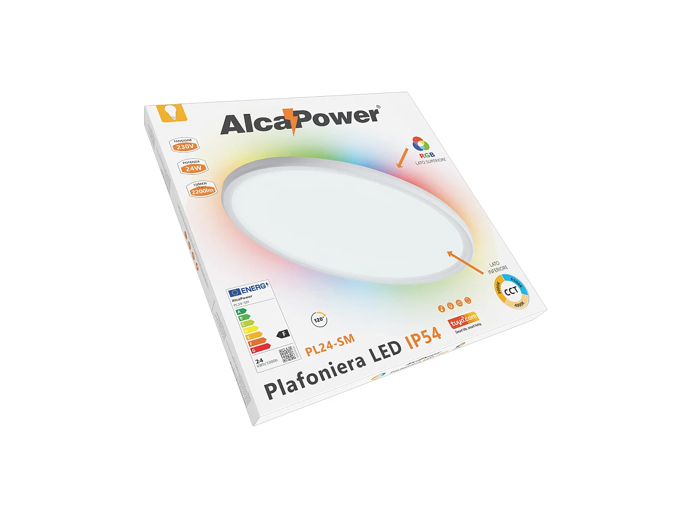 Plafonete LED Wi-Fi Alcapower CCT RGB 24W 2200lm IP54, Temperatura de Cor Ajustável 3000K-6500K, Regulável via App Tuya, Diâmetro 40cm
