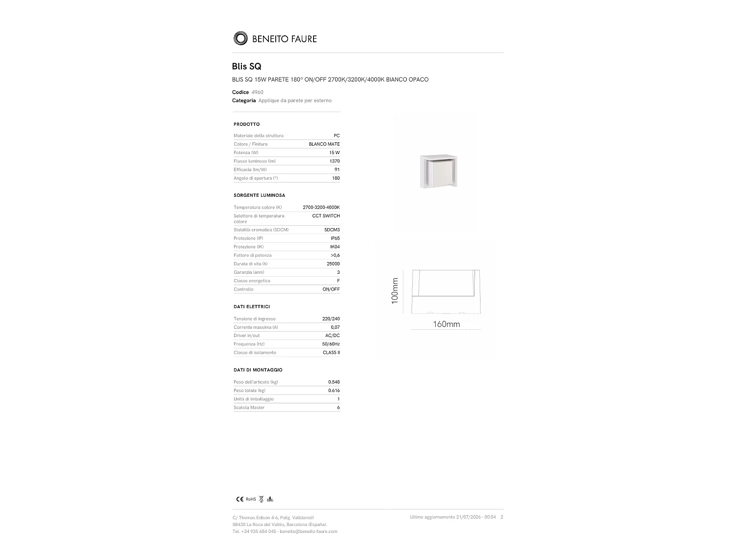 Aplique de parede LED quadrado Blis 15W 180º, tecnologia Switch CCT 2700K/3200K/4000K, branco mate, para exterior da marca Beneito & Faure.