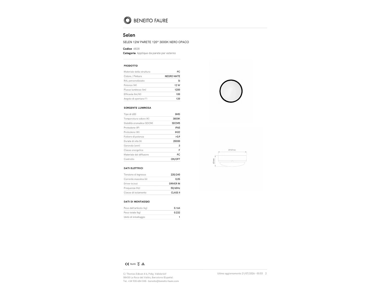 Applique Murale Led Beneito & Faure Selen 12, 120°, 3000K, Noir Mat - Design Moderne Et Efficace Pour L'Éclairage Architectural