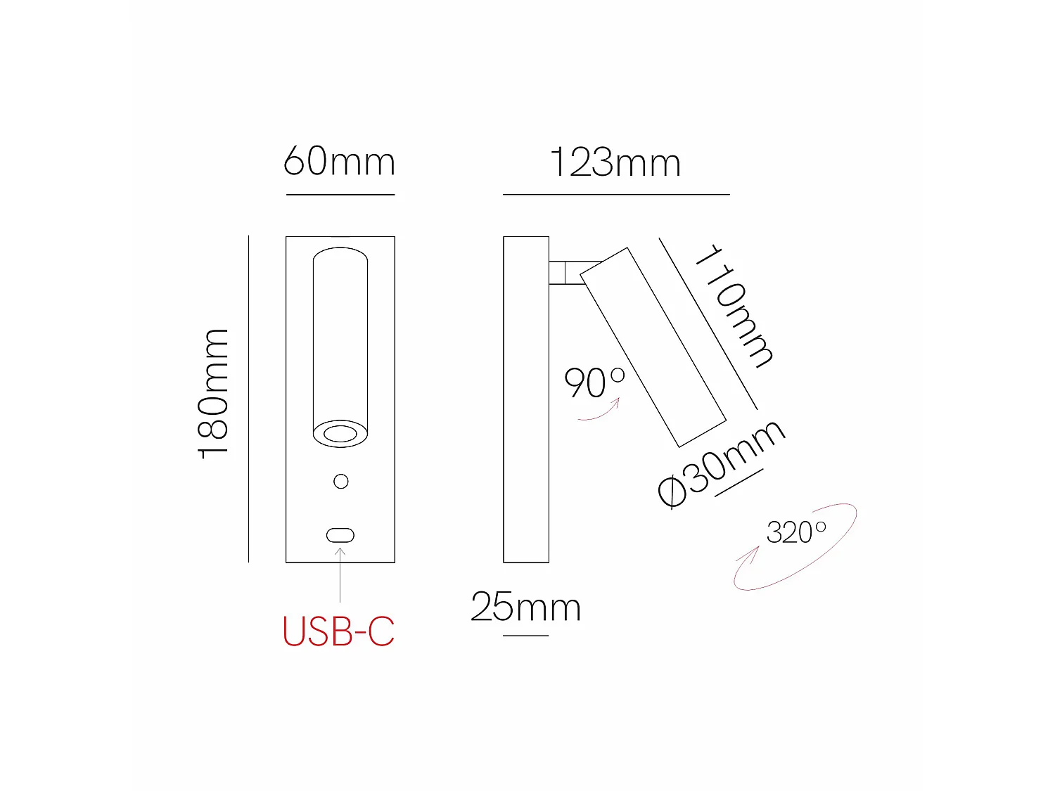Aplique de parede LED PURE WALL 4W 30° 2700K c/ 3 níveis de intensidade, branco fosco, ajustável e com carregamento USB-C - Beneito & Faure