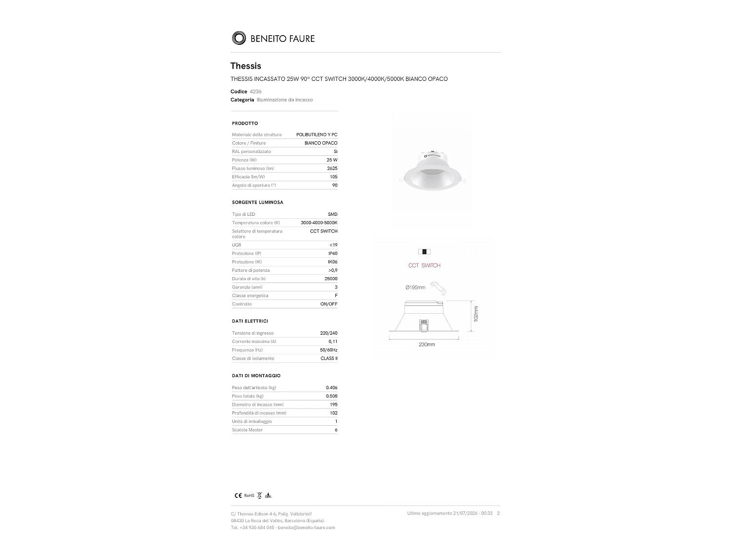 Luminária LED de embutir Beneito & Faure Thessis 25W 90º CCT, interruptor, cor 3000K/4000K/5000K, acabamento branco fosco para iluminação interna