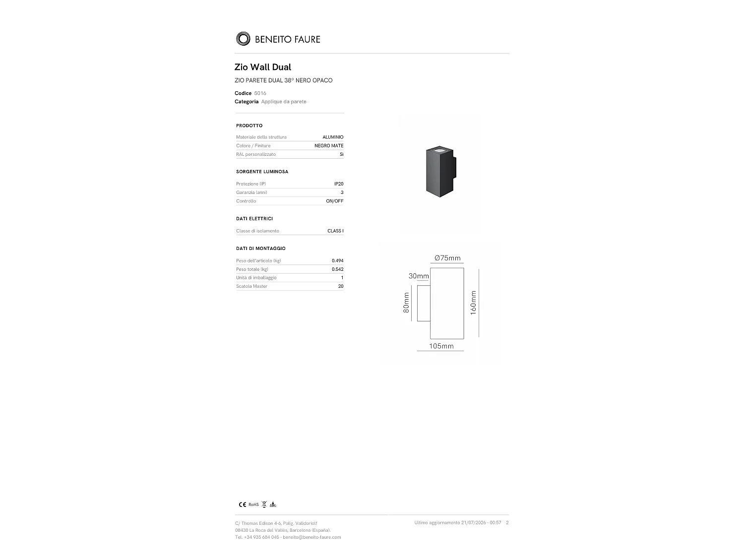 Luminária de parede retangular dupla Zio Wall com dupla emissão de luz e soquete GU10 para lâmpadas de 50 mm, preto fosco - Beneito & Faure
