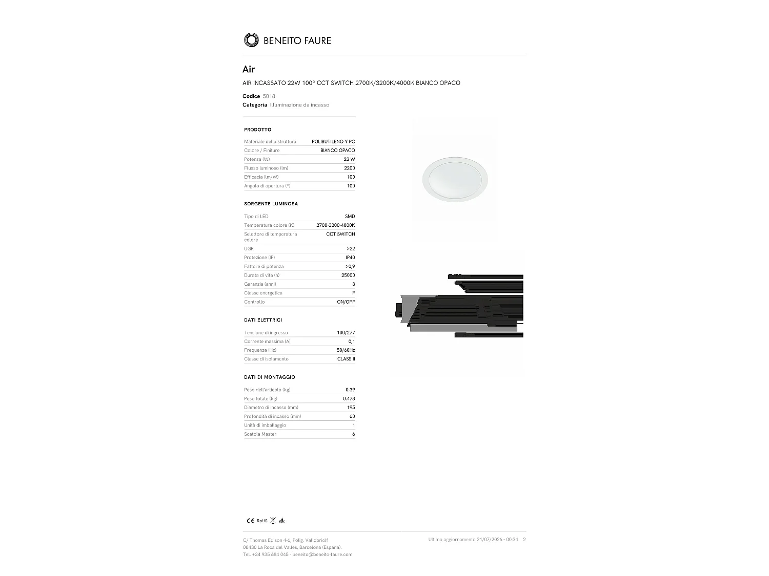 Spot Encastré Led Air Recessed 22 W 100° Avec Technologie De Commutation Cct 2700 K/3200 K/4000 K, Finition Blanc Mat - Beneito & Faure
