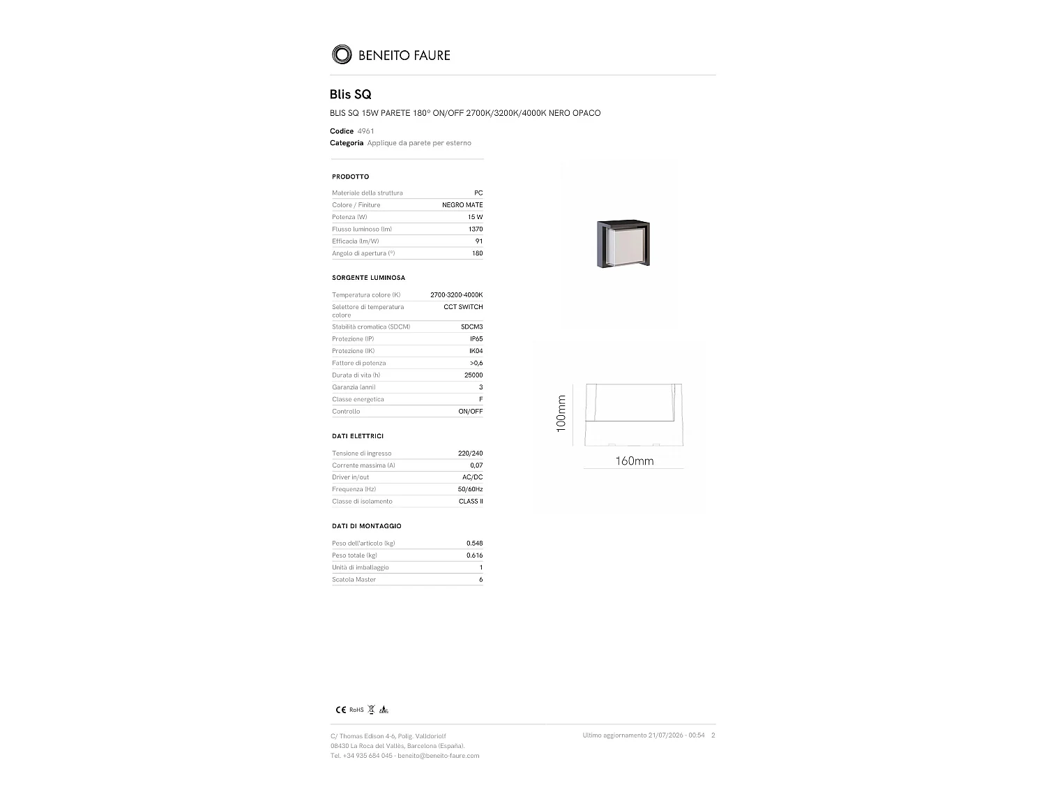 Luminária de parede LED quadrada Blis 15W 180° com interruptor, cor 2700K/3200K/4000K, preto mate, para exterior da marca Beneito & Faure.